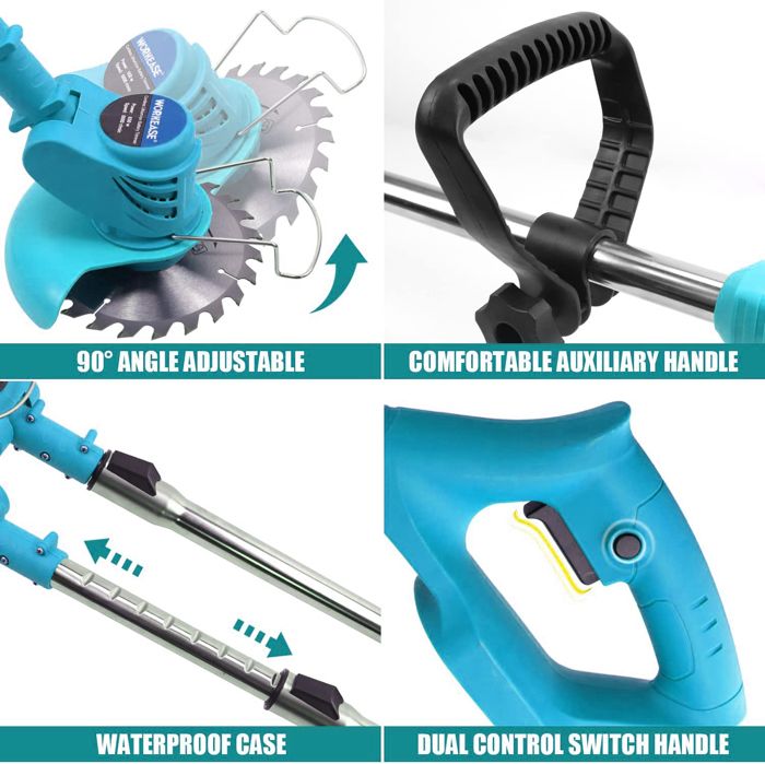 Coupe-Bordures Sans Fil 18-21V, 2 Batteries 2,0Ah + Chargeur, Tube Télescopique, Lames Interchangeables - 3