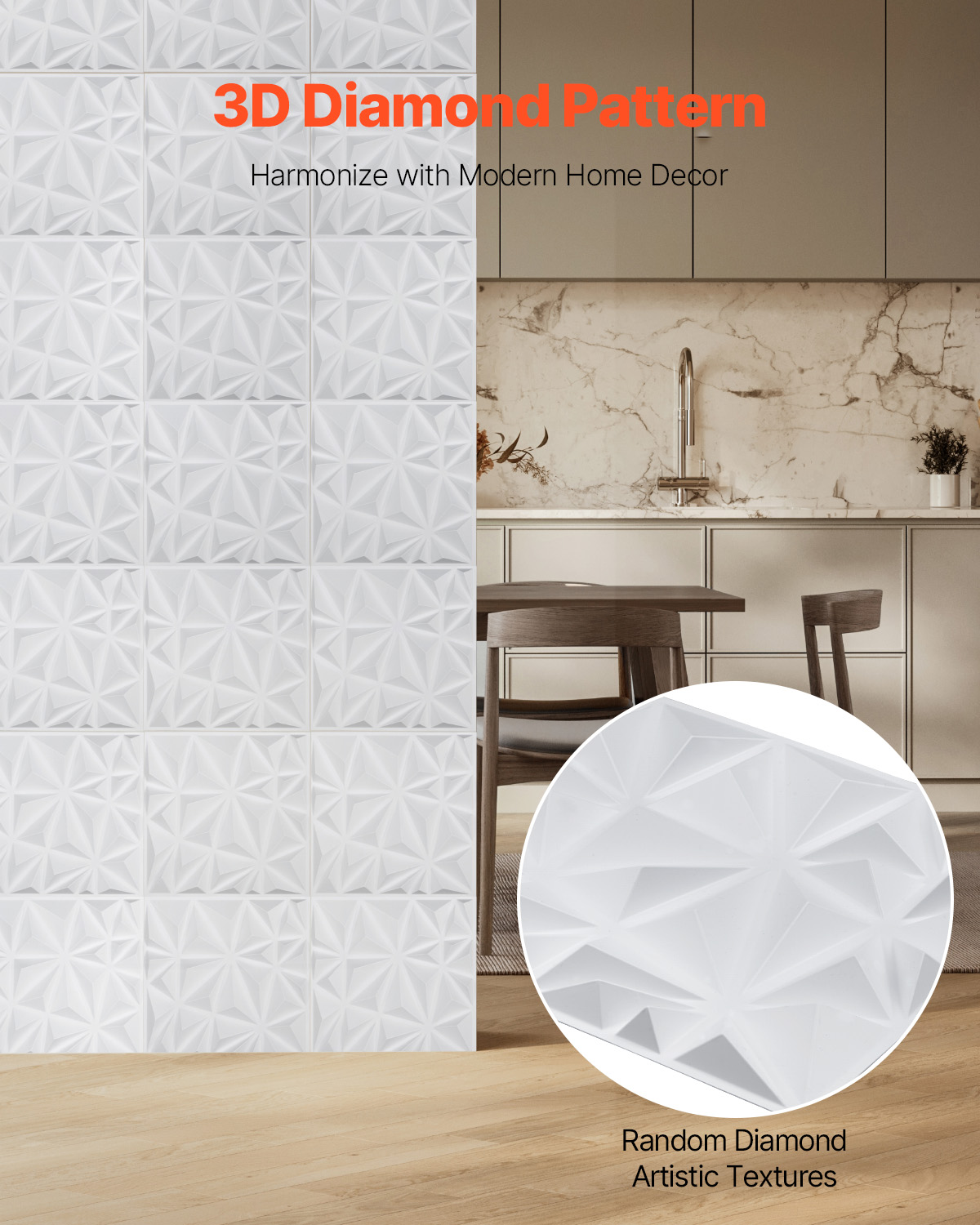 Panneaux muraux VEVOR 3D,33 carreaux diamant PVC 11,81 x 11,81 po,couverture 32 pi²,pour plafond,chambre,salon et salle de jeux,blanc mat - 2