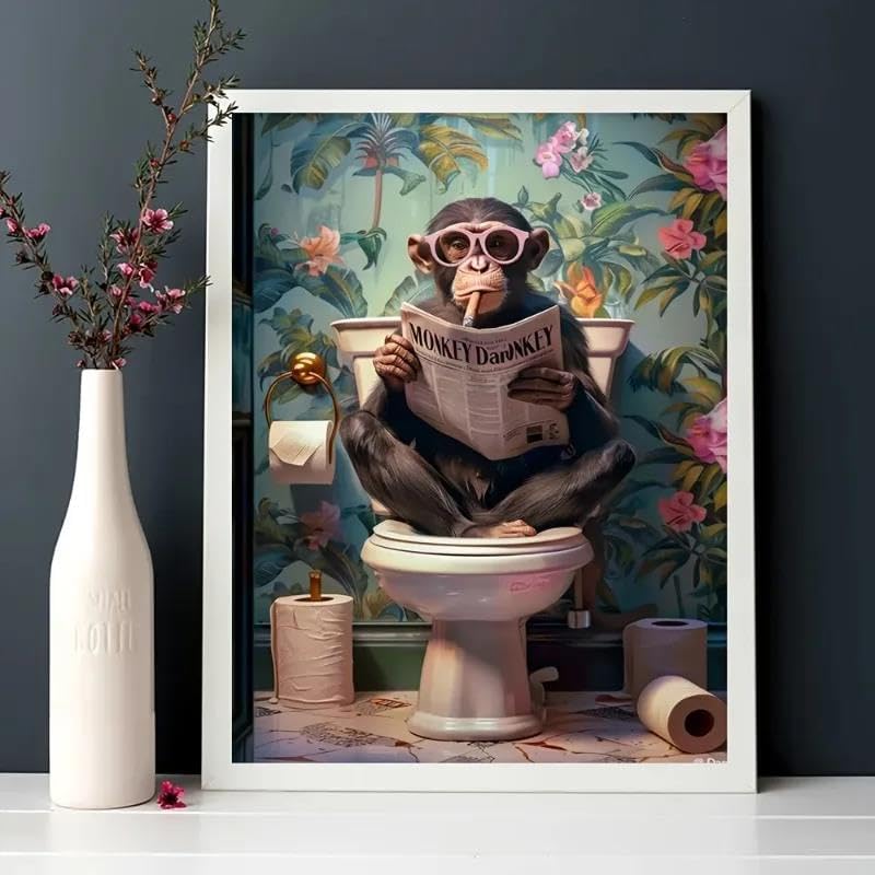 Peinture Sur Toile Représentant Un Singe Humoristique Sur Les Toilettes, Lisant Un Journal, Format A1 30X40Cm Sans Cadre - 3