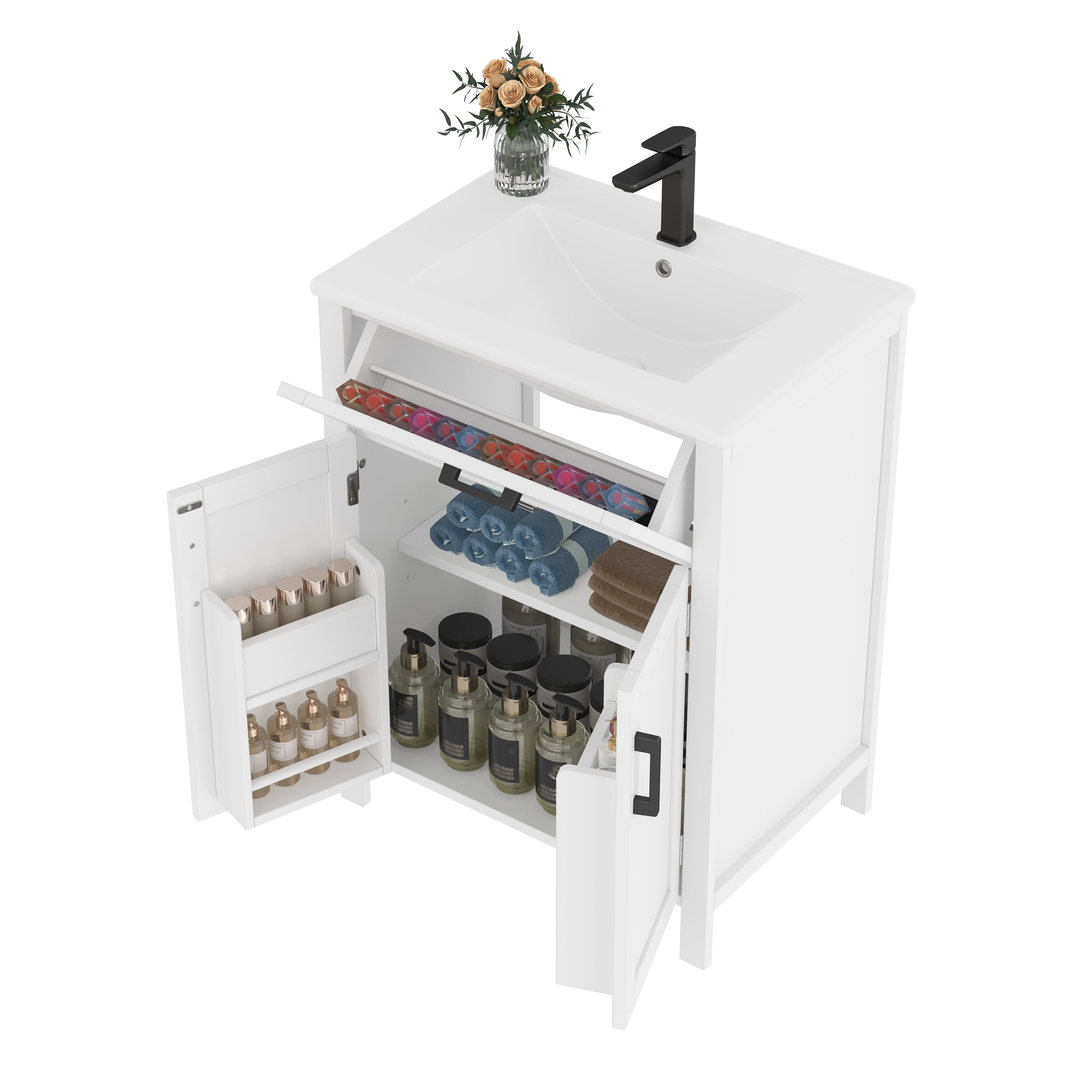 Meuble de salle de bain sur pied - avec une vasque en céramique - 2 portes - 60x46x85cm - Blanc(robinet non inclus) - 8