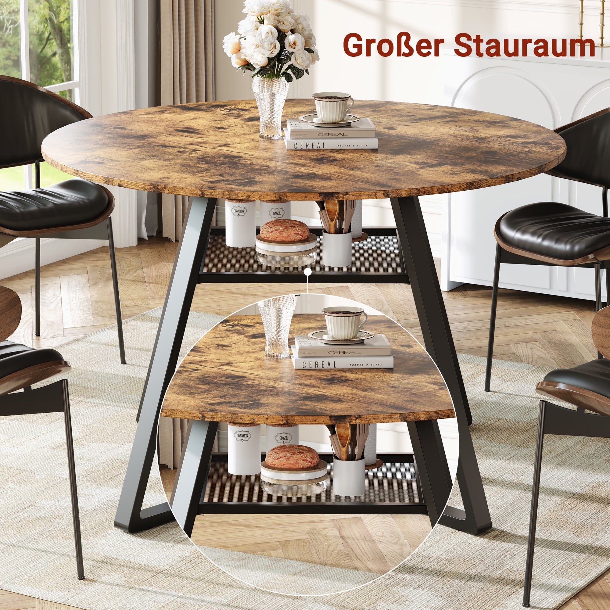 Grande Table à Manger Ronde Avec Rangement - Table En Bois Massif (pieds En Métal) - 120 Cm - 3