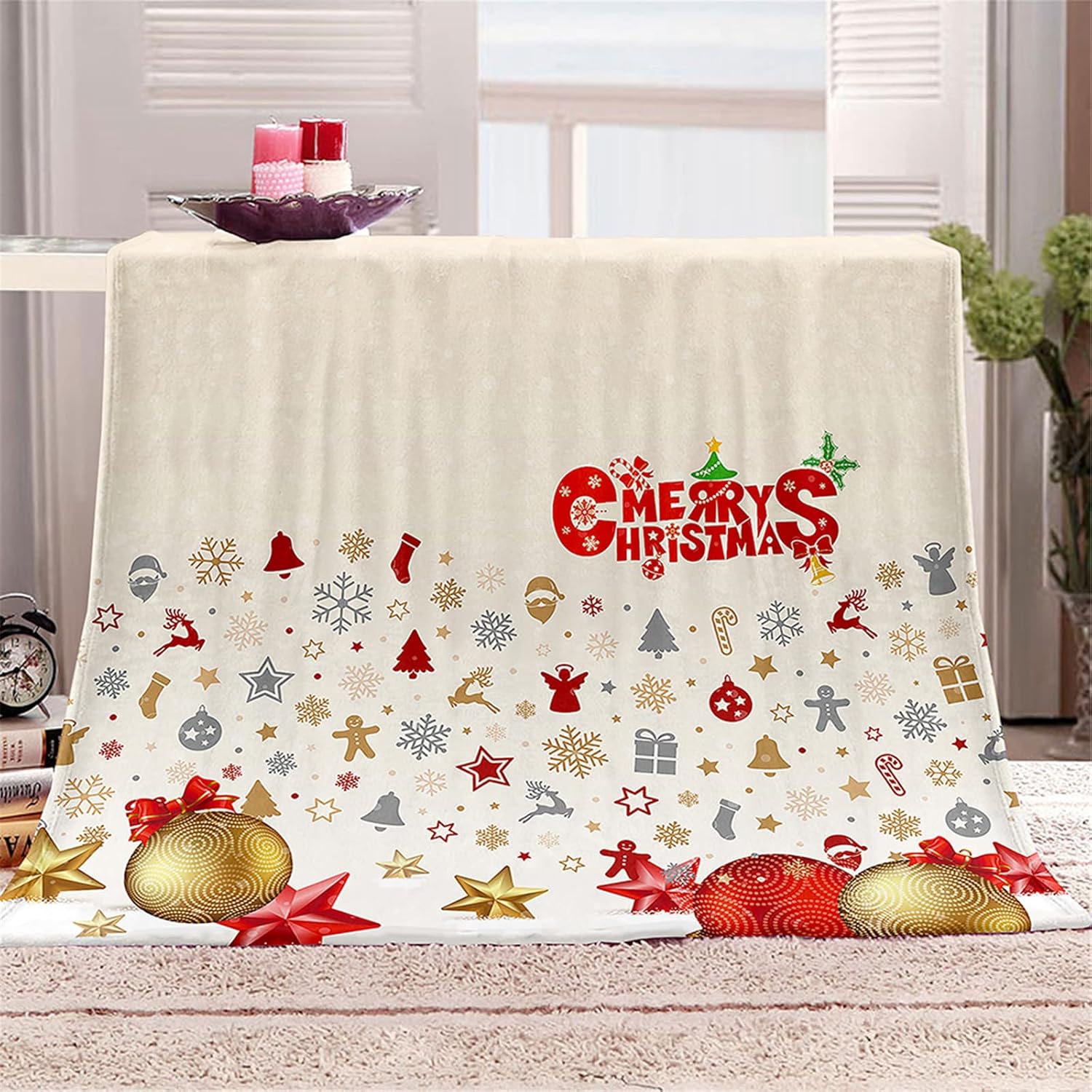 Świąteczny koc flanelowy z nadrukiem 3D na łóżko pojedyncze, ciepły, miękki i lekki, z mikrofibry (gwiazdki świąteczne, 130 x 150 cm)
