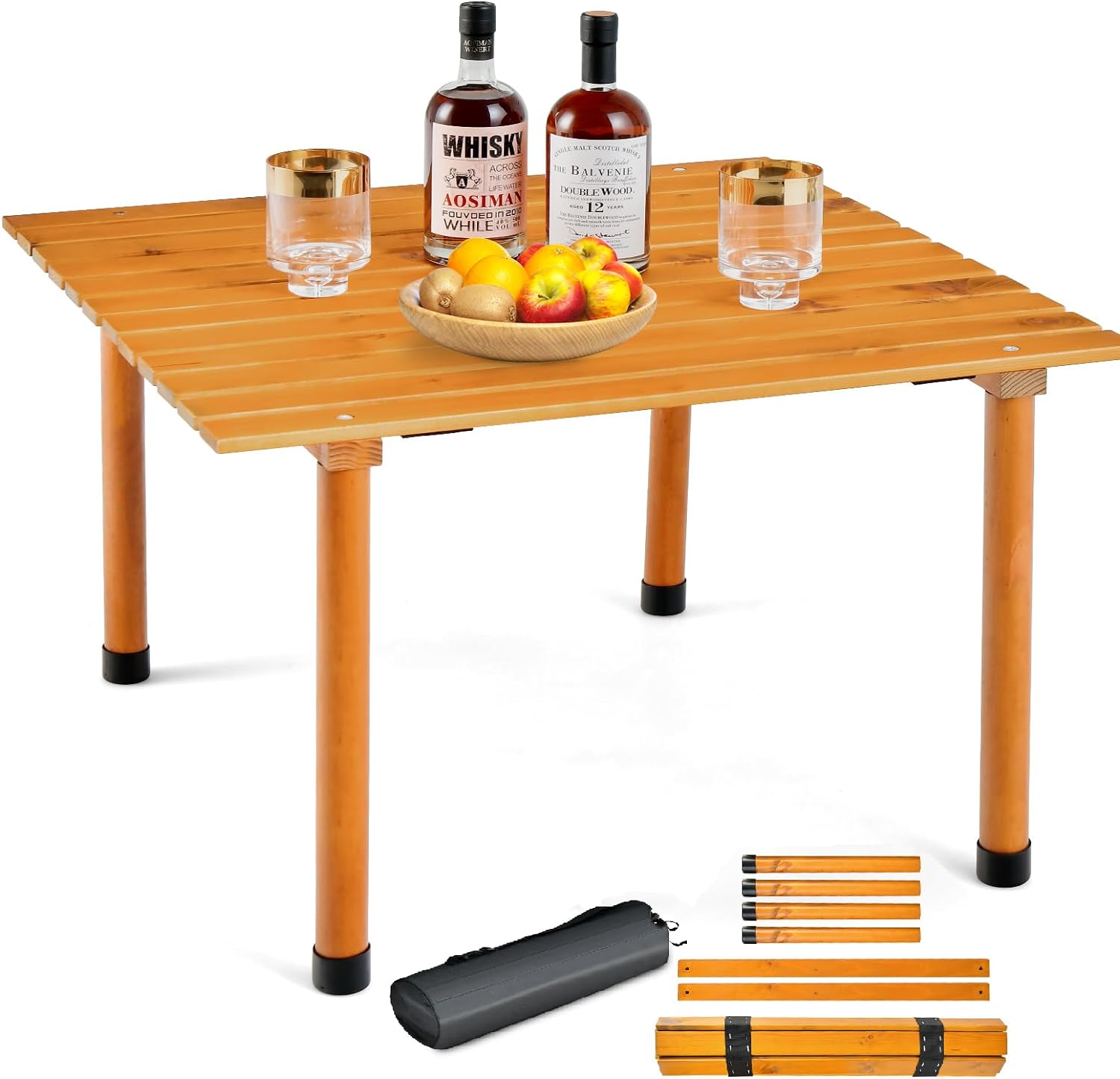 Stół kempingowy, zwijany stół piknikowy z drewna, przenośny, uniwersalny stół outdoorowy z torbą do przenoszenia, na plażę, piknik, 69 x 69 x 42 cm