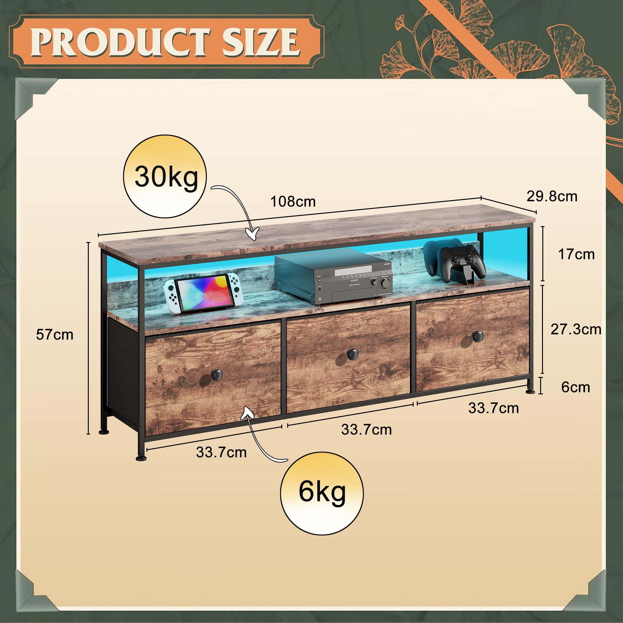 Meuble TV de 108 cm avec éclairage LED, équipé de 3 tiroirs et d'une étagère ouverte, pour le salon ou la chambre, couleur marron - 4