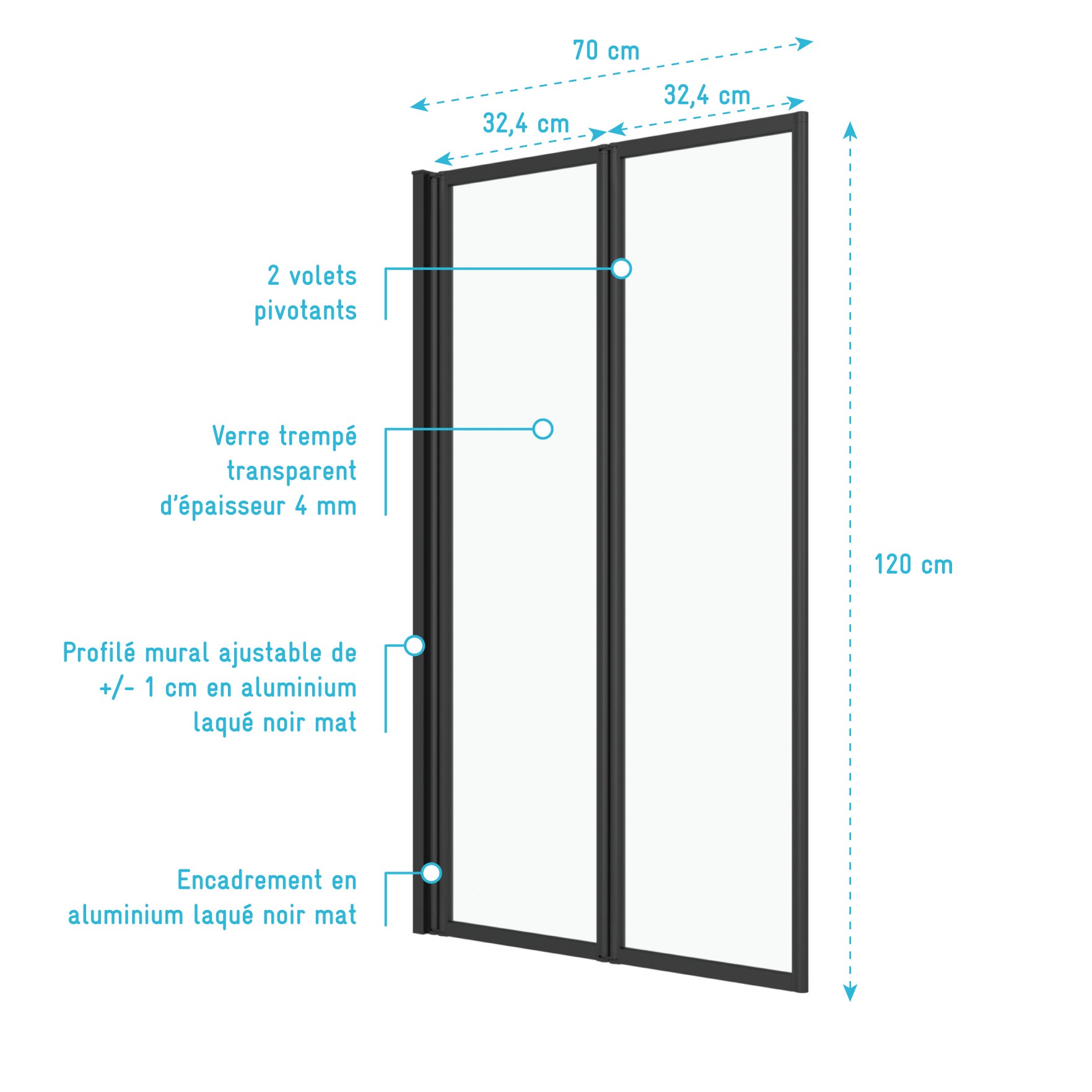 Pare baignoire Pivotant 70x120cm - 2 Volets Noir Mat - Verre Trempé 4mm - DUPLO - 4
