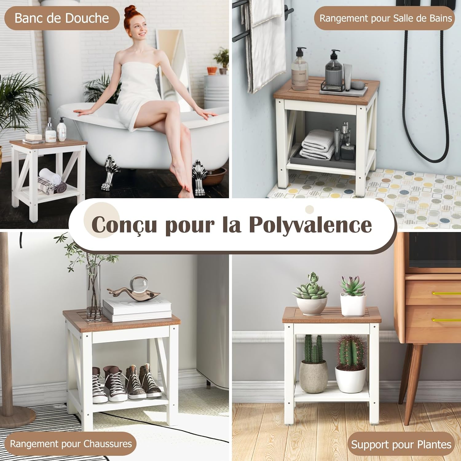 Banc de Douche étanche, 43 cm x 32 cm x 47 cm, Tabouret de Salle de Bain avec étagère de Rangement et Pieds Antidérapants - 5
