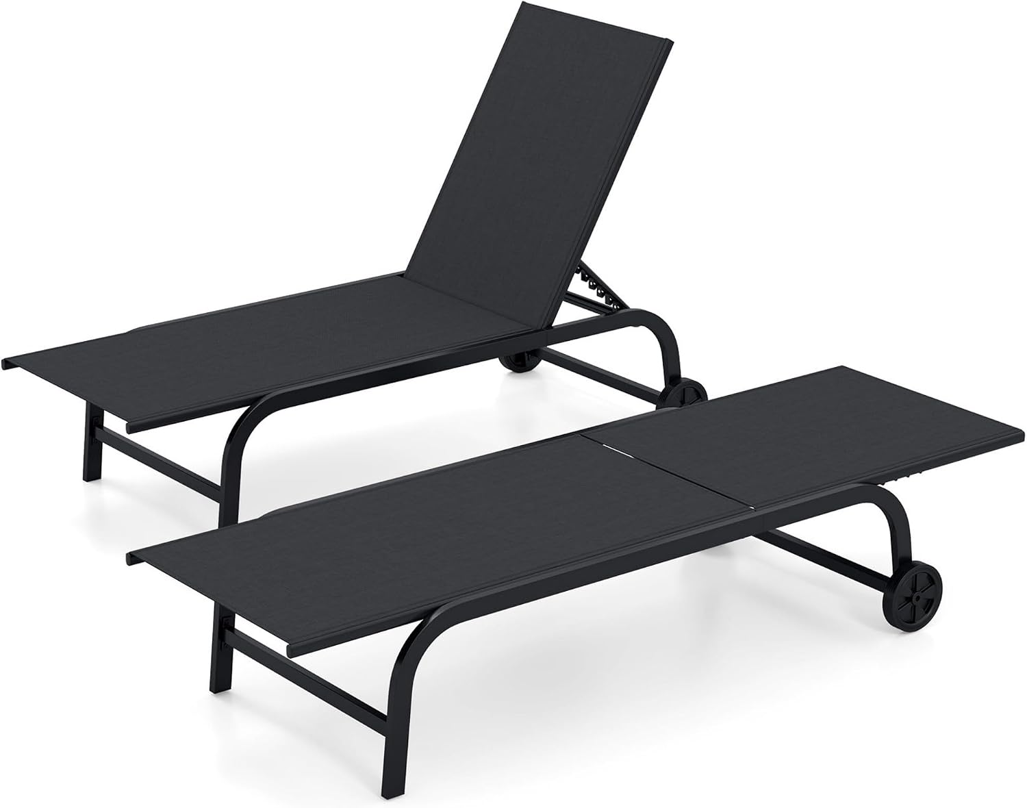 Șezlong cu roți (negru, set de 2) | Șezlong rabatabil reglabil în 6 poziții (se așază plat), șezlong de grădină pentru exterior din metal 2buc