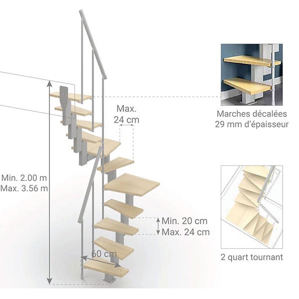 Escalier 2 quart tournant 12 marches - Hauteur à franchir de 2.60 à 3.08m - Largeur 60cm - Couleur bois et blanc - SMALL60/U/SGNAT-12 - 2