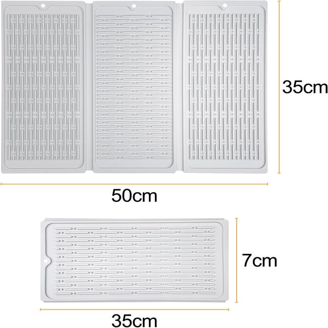 Scolapiatti In Silicone 50x16 Cm, Grigio, Antiscivolo E Pieghevole. Con Deflettore E Inclinazione 5° Per Far Scorrere L'acqua Nel Lavello. Tagliabile Su Misura.