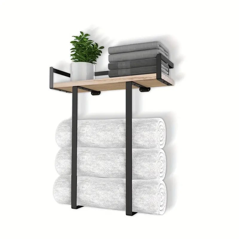 Toallero de baño de lujo - Soporte de metal montado en la pared con estante de madera para almacenar toallas grandes, ahorra espacio - 7