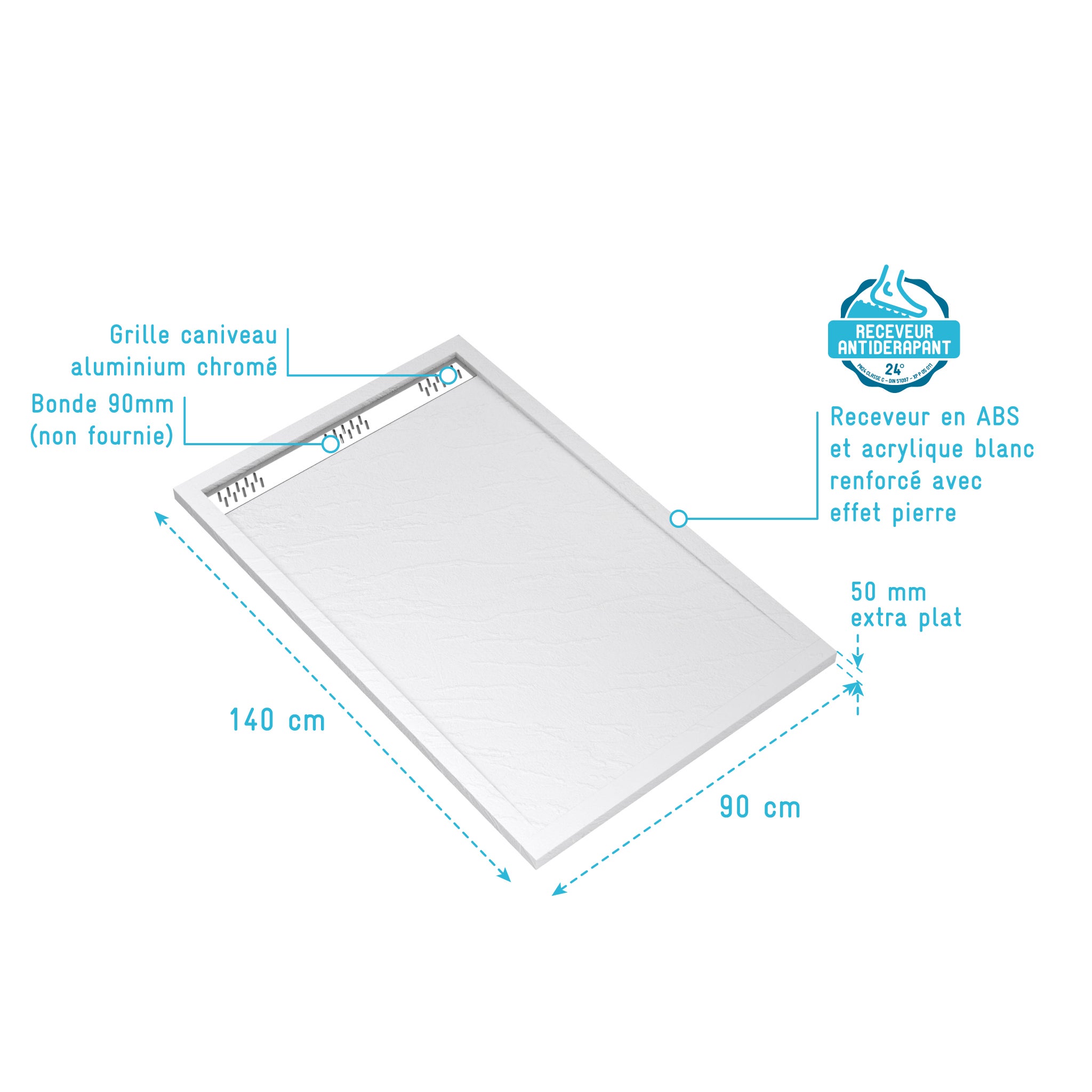Receveur en acrylique Blanc Effet Pierre 90x140x5 cm - Grille Linéaire Chrome - MOON - 4