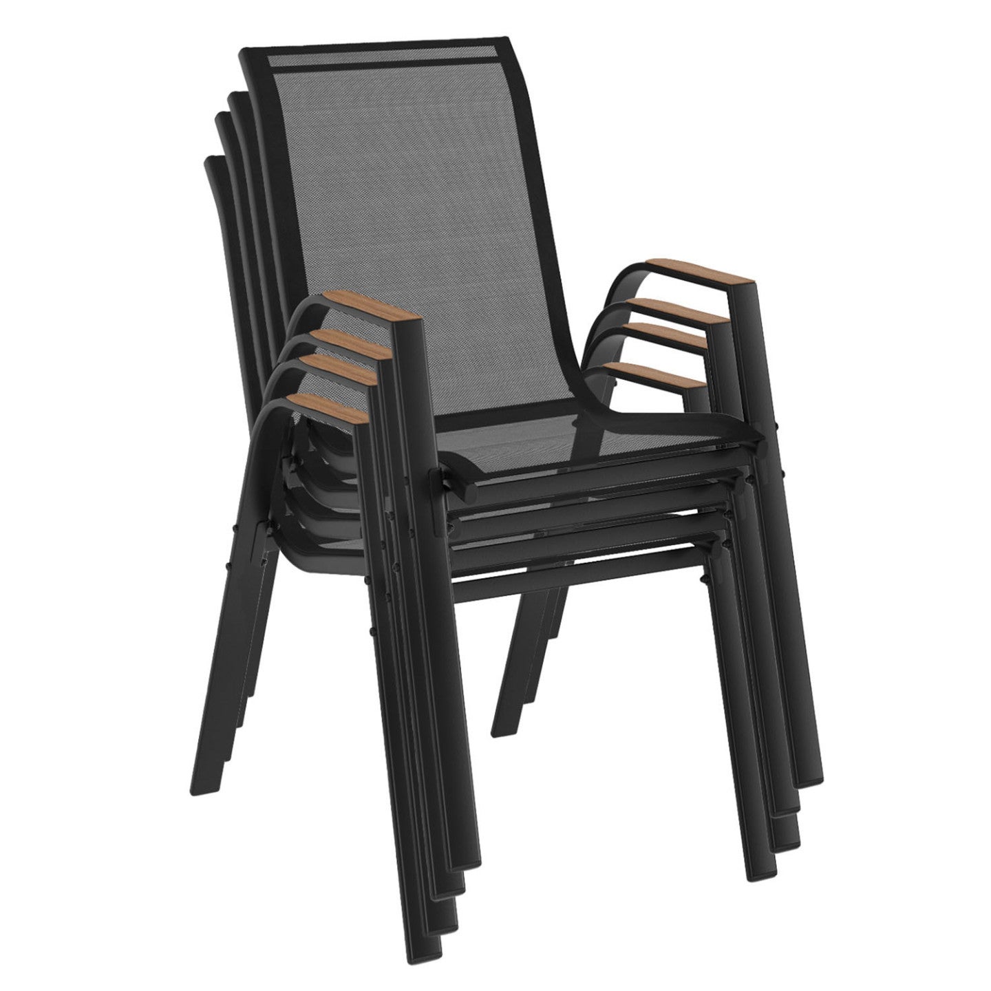 Lot de 4 chaises de jardin NOUMEA métal et textilène empilables noir et bois - 4