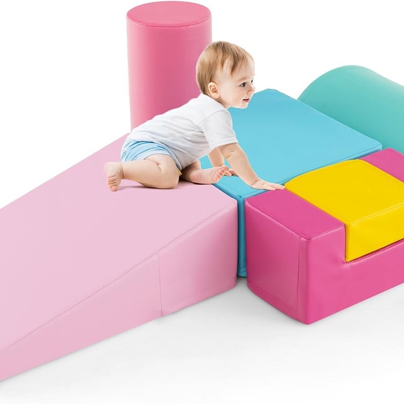 6 Szt. Tor Przeszkód dla Niemowląt, Moduł Motoryczny dla Niemowląt z Pianki, Edukacyjne z Pokrowcem z PU i Wypełnieniem z EPE (Różowy + Niebieski)