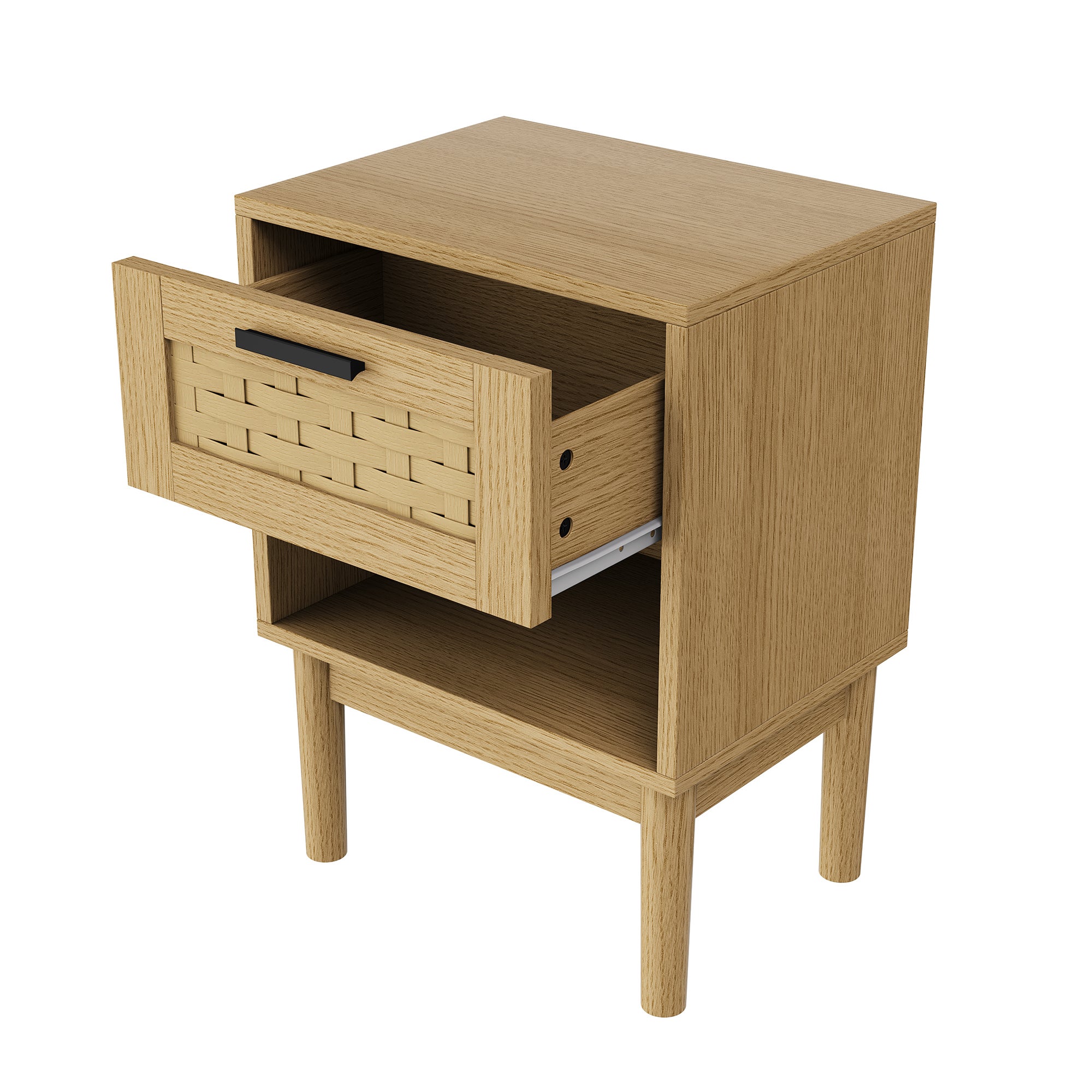 Table de chevet lot de 2, un tiroir, tressage en rotin, poignées en métal, cadre en bois, couleur chêne, table de chevet - 9