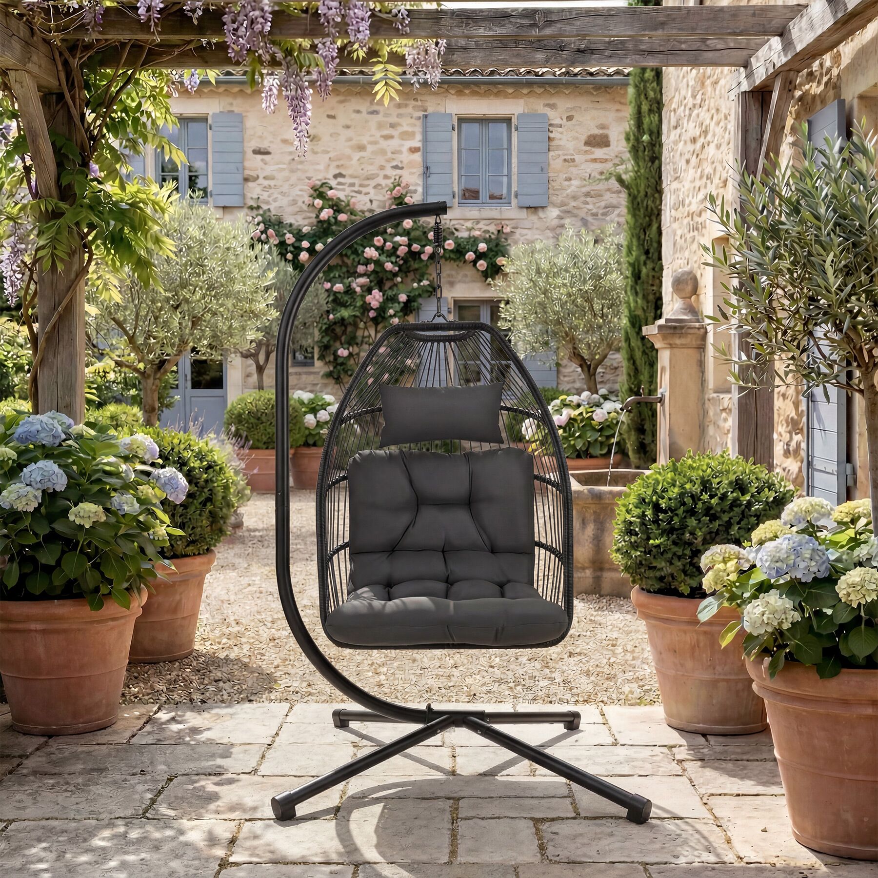 Fauteuil suspendu en acier, pliable, pivotant, coussin épais amovible, gris foncé TECTAKE - 3