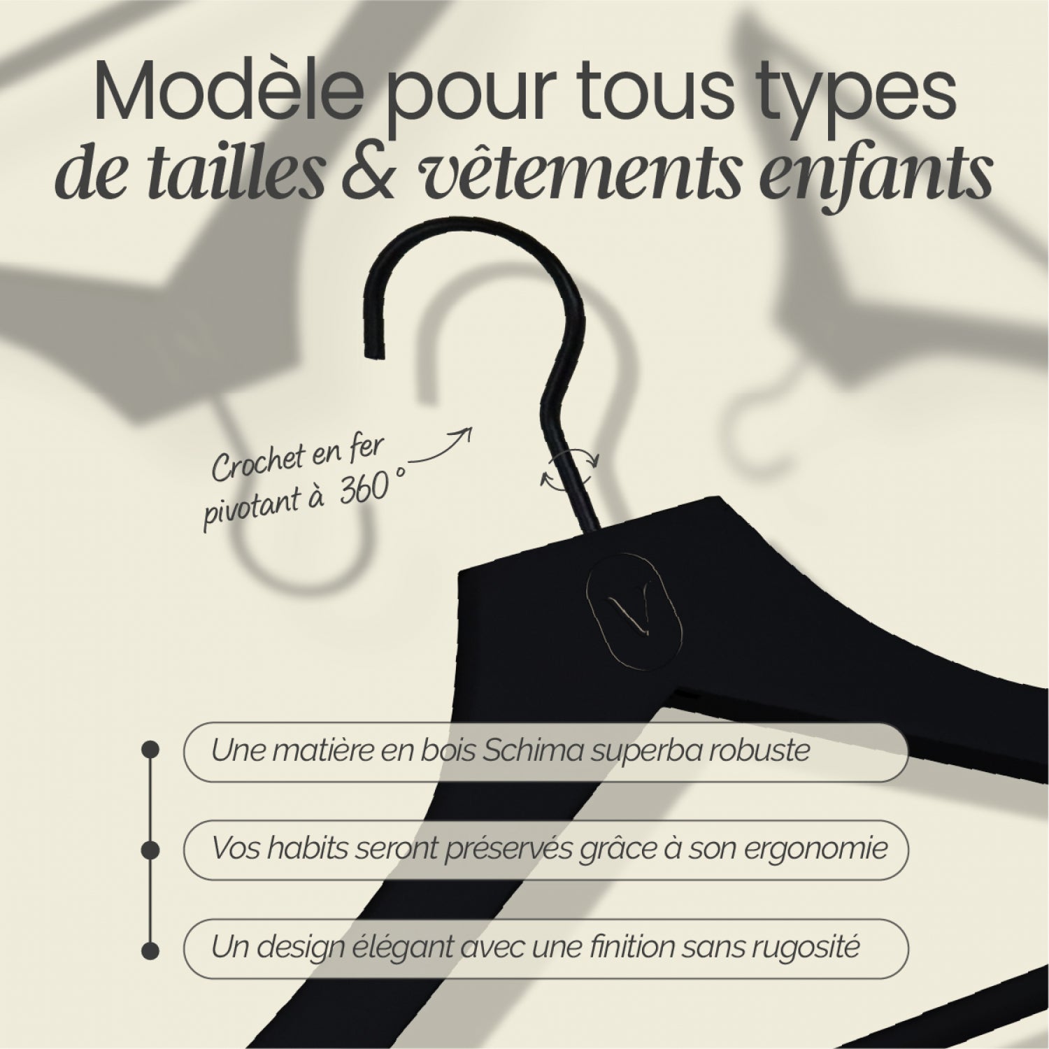 Lot de 20 cintres 32 cm pour vêtements enfant premium avec crochet pivotant à 360° - Noir - Vivezen - 3