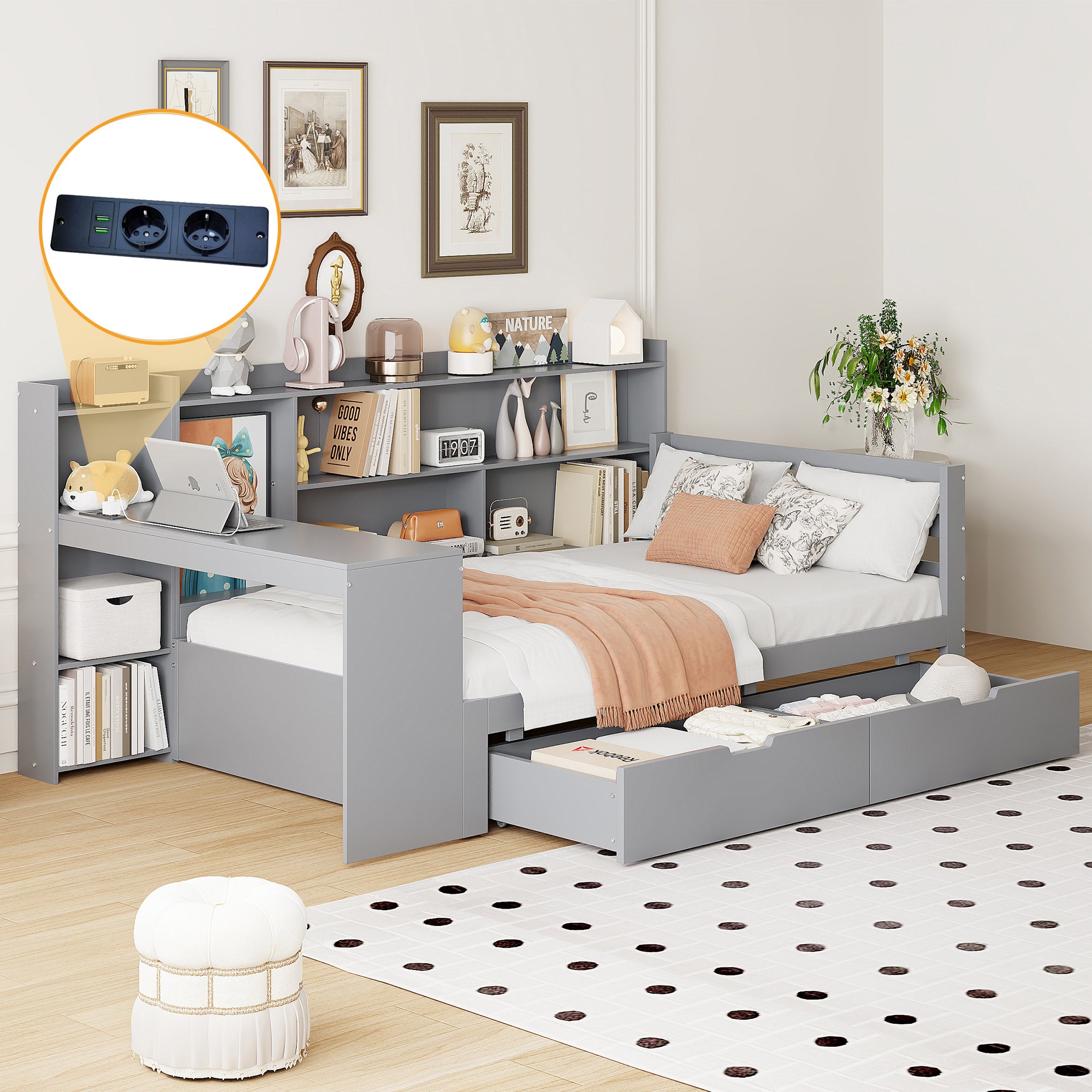 Łóżko dziecięce 90 x 200 cm z biurkiem, 2 szufladami i schowkami, sofa rozkładana - Sosna + sklejka + MDF - Szare (Bez materaca)