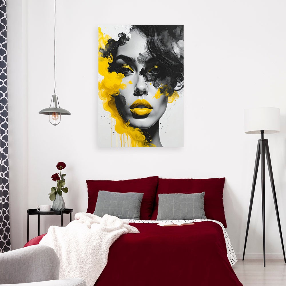 Obraz do salonu sypialni biura, Portret kobiety z elementami żóltego koloru 70x100 - 2