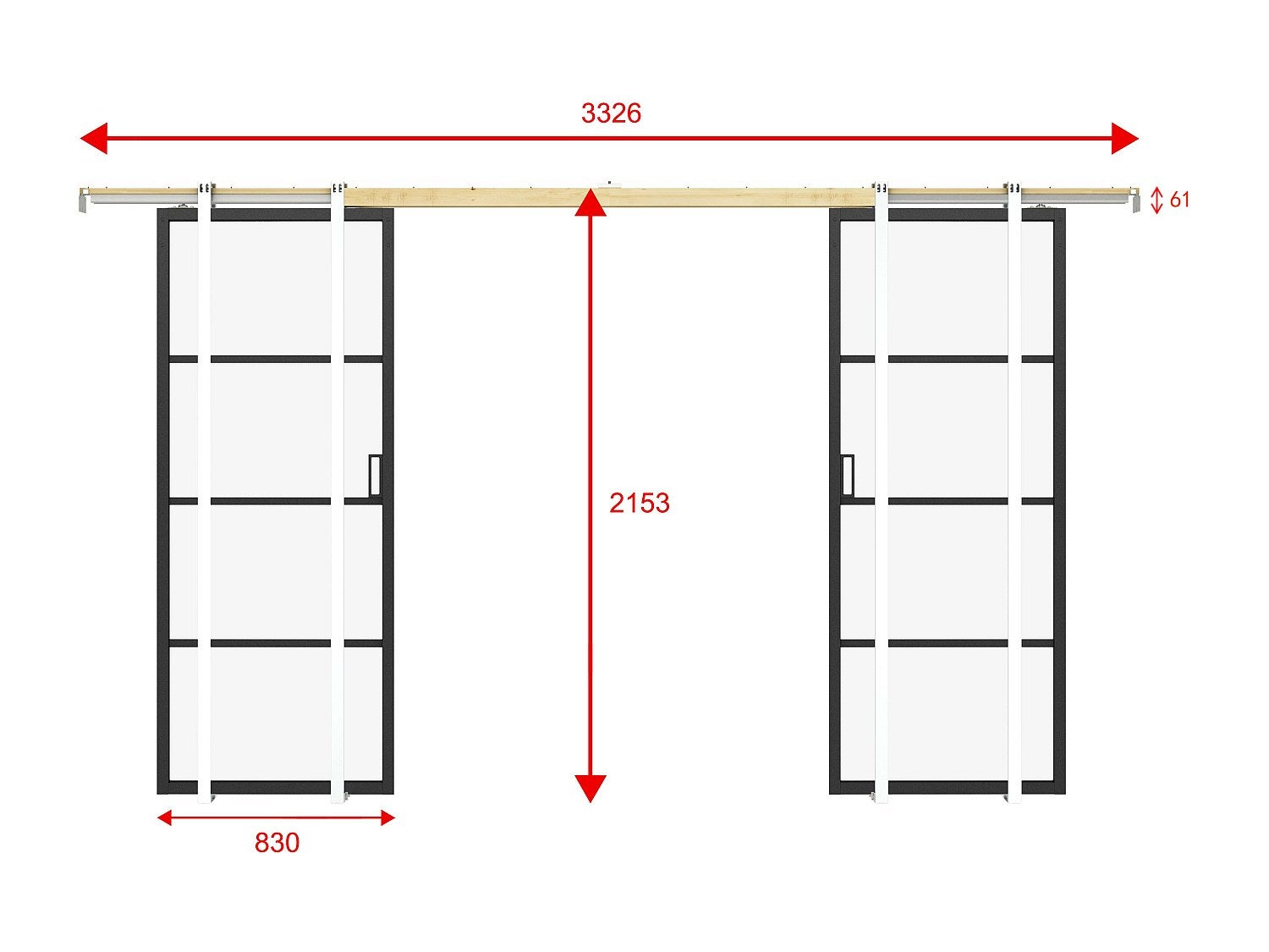Porte coulissante double avec système à galandage - aluminium et verre trempé transparent - 2 x H205 x L83 cm - SINCA II - 4