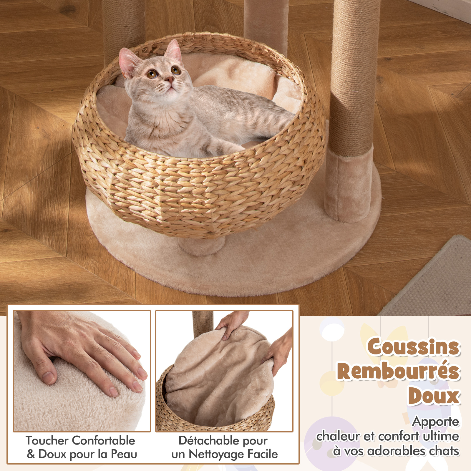 Arbre a Chat Bois 164 cm, 3 Griffoirs Chat en Jute, 5 Plateformes, Quenouille Tressée, Coussins Amovible, 2 Pompons, Tour pour Chat à 6 Étages - 5