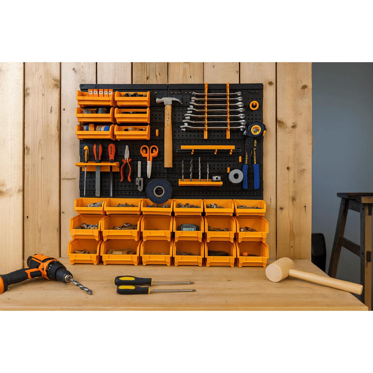 Panneau porte Outils 66 x 78 x 1.7cm 4 panneaux perforés 15 petits - 12 grands bacs 38 Crochets Etagère murale - 6