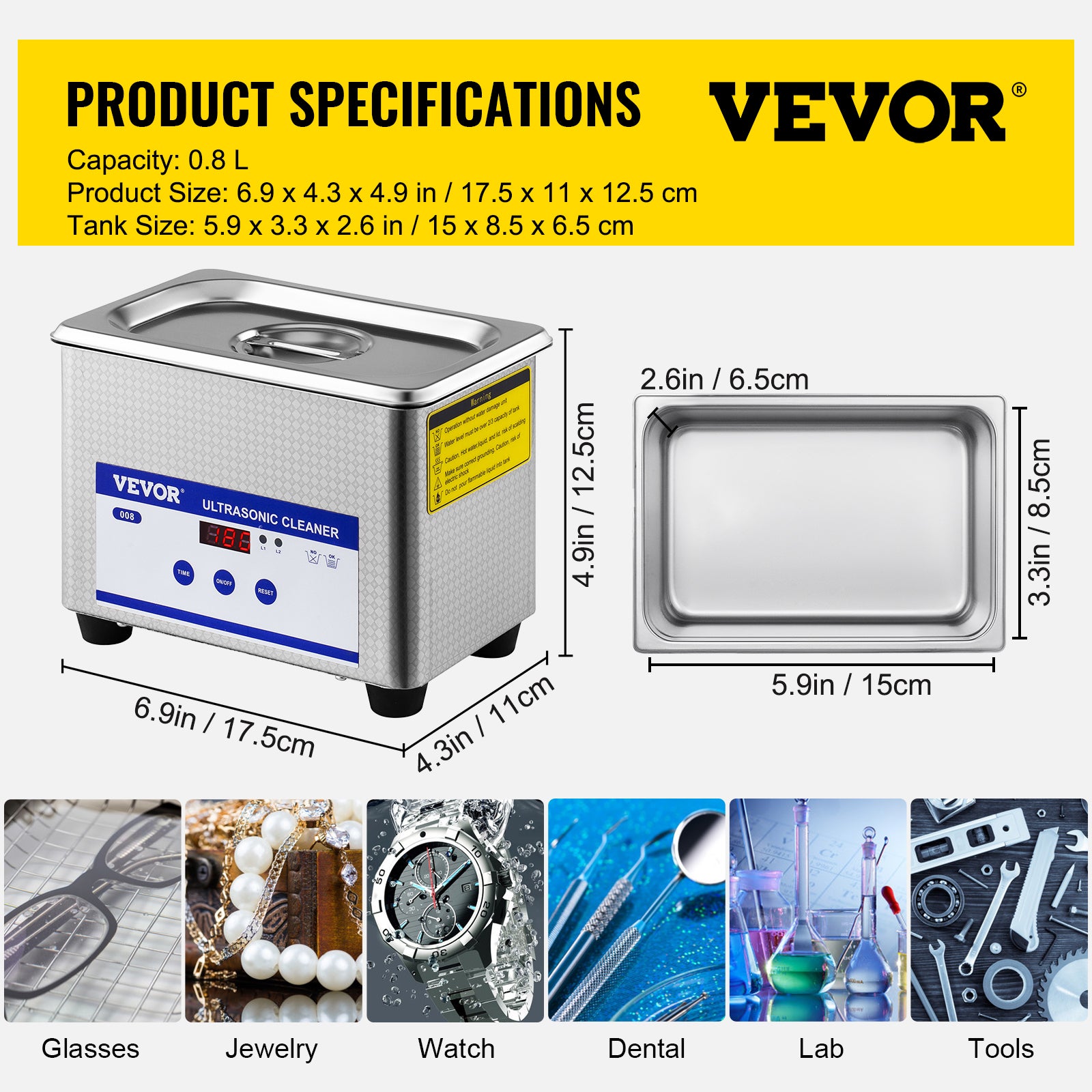 Machine de Nettoyage à Ultrasons VEVOR 0,8 L,Professionel Nettoyeur à Ultrasons Écran Affichage LED 220 V,Nettoyeur Ultrasons Acier Inoxydable - 7