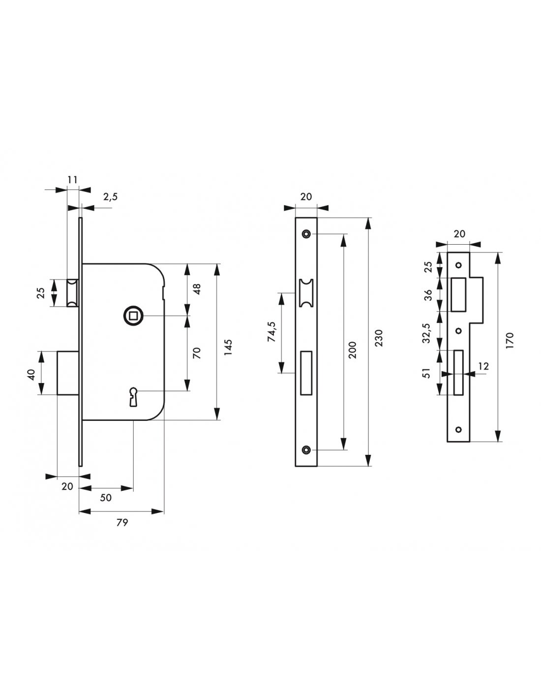 THIRARD - Serrure encastrable à clé pour porte de chambre, axe 50mm, bouts ronds, noir, 1 clé - THIRARD - 2