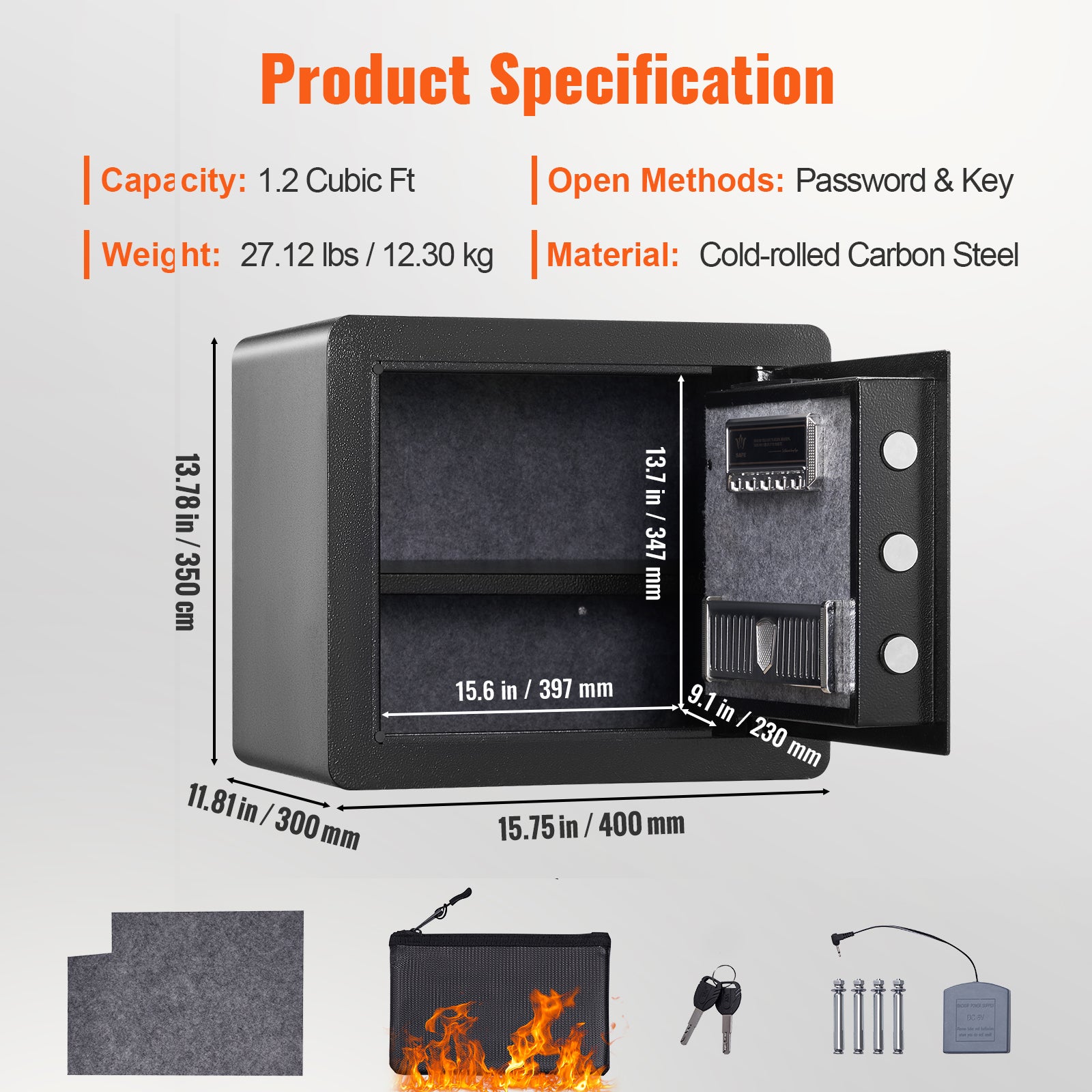 Coffre-Fort Numérique VEVOR 34 L 400 x 300 x 350 mm Coffre-Fort Sécurité 2 Types de Déverrouillage Mot de Passe Clés Structure Acier Anti-Effraction - 7