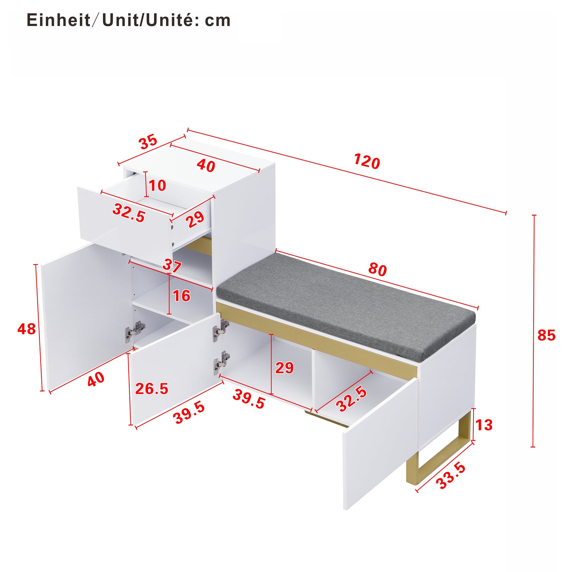 Szafka na buty z ławką, poduszką, 3 drzwiami i 1 szufladą - 120 x 35 x 85 cm - MDF - biała - 4