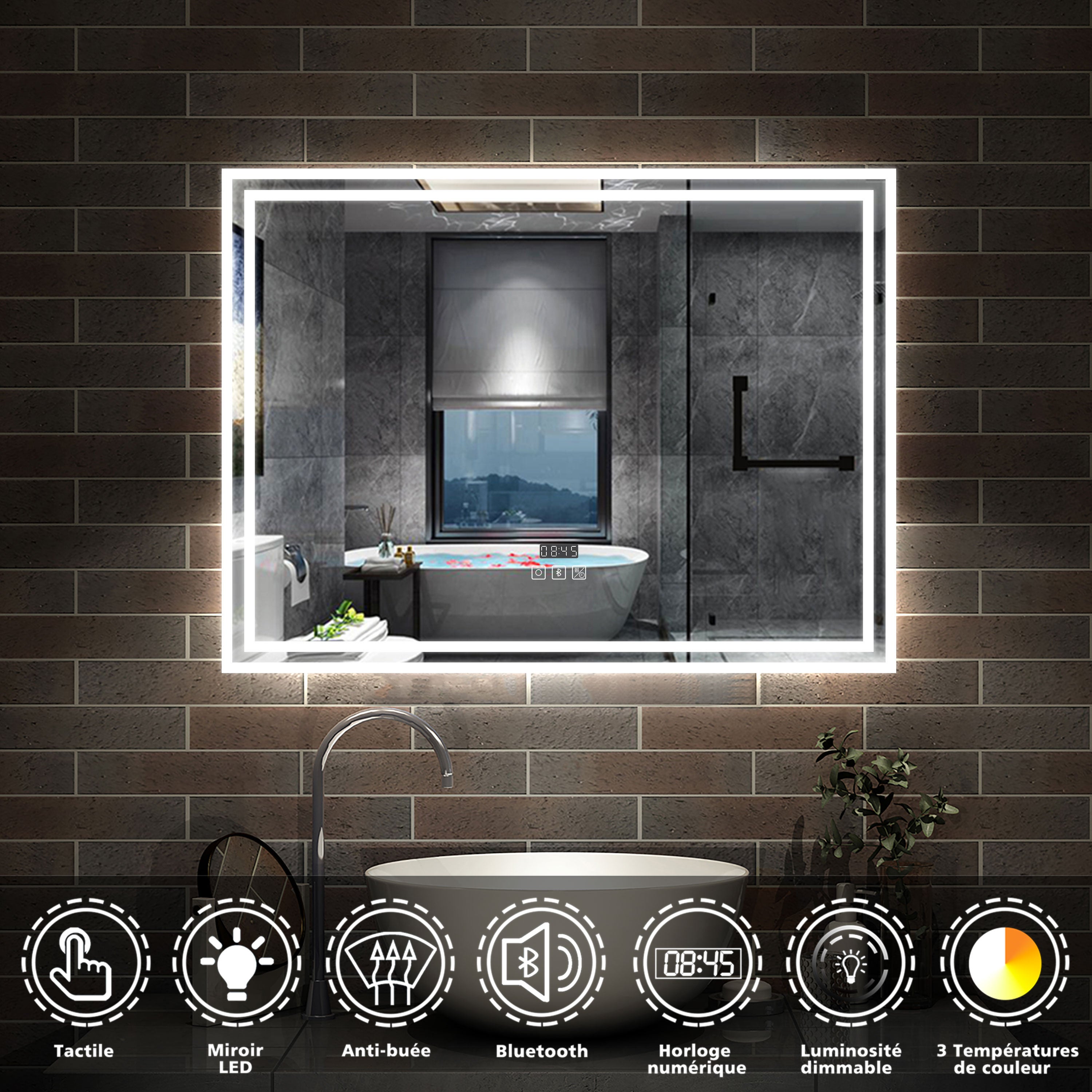 AICA Bluetooth LED 100x60cm tactile + antibuée + horloge miroir salle de bain tricolore, horizontalement - 2