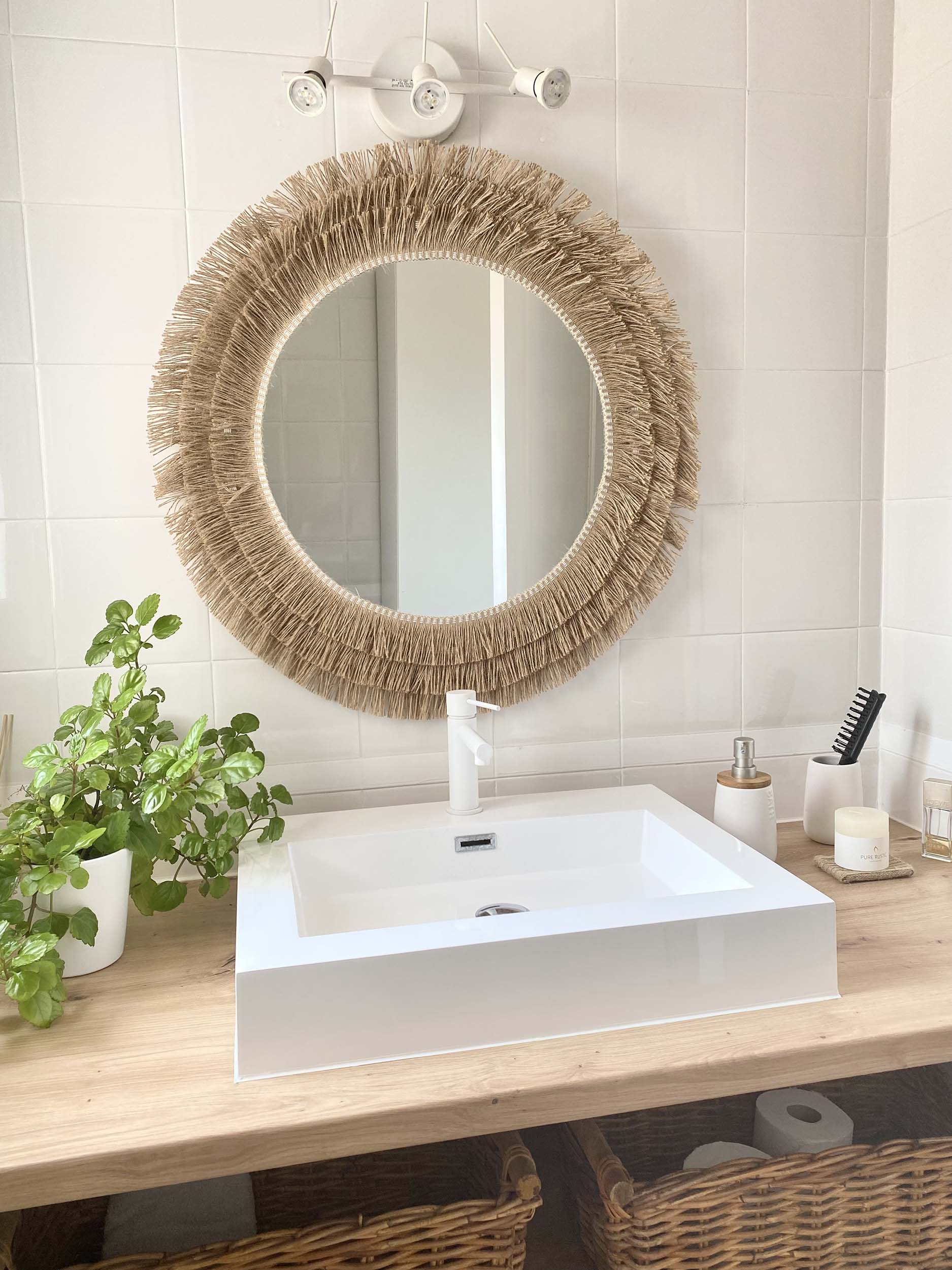 Espejo redondo decorativo de yute natural, cuerda y fibras naturales, con flecos de yute - jute iii 90cm