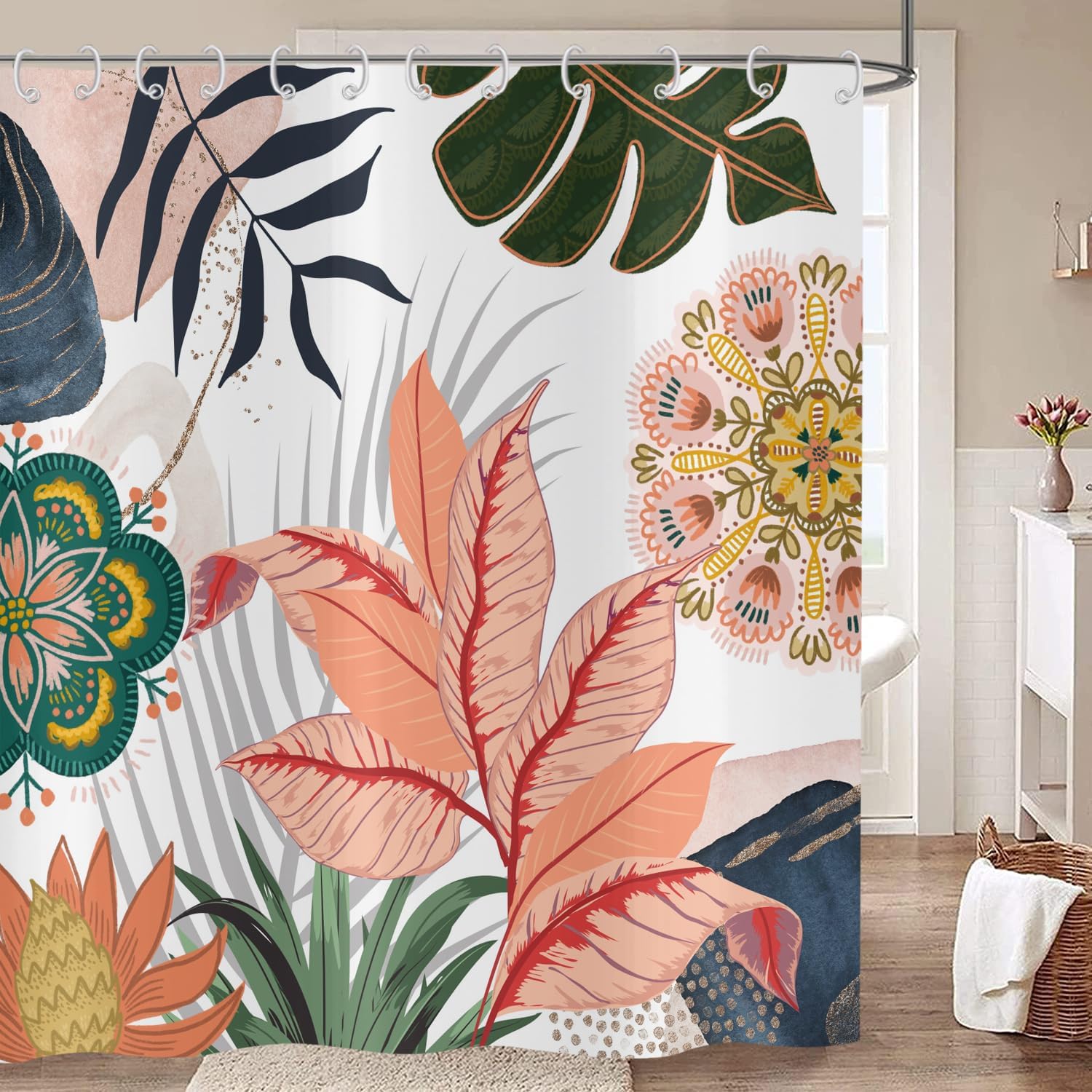 Zasłona prysznicowa w stylu boho z kwiatowym wzorem 180x180, abstrakcyjne kwiaty boho, tropikalne liście, kolorowa, nowoczesna sztuka z połowy XX wiek