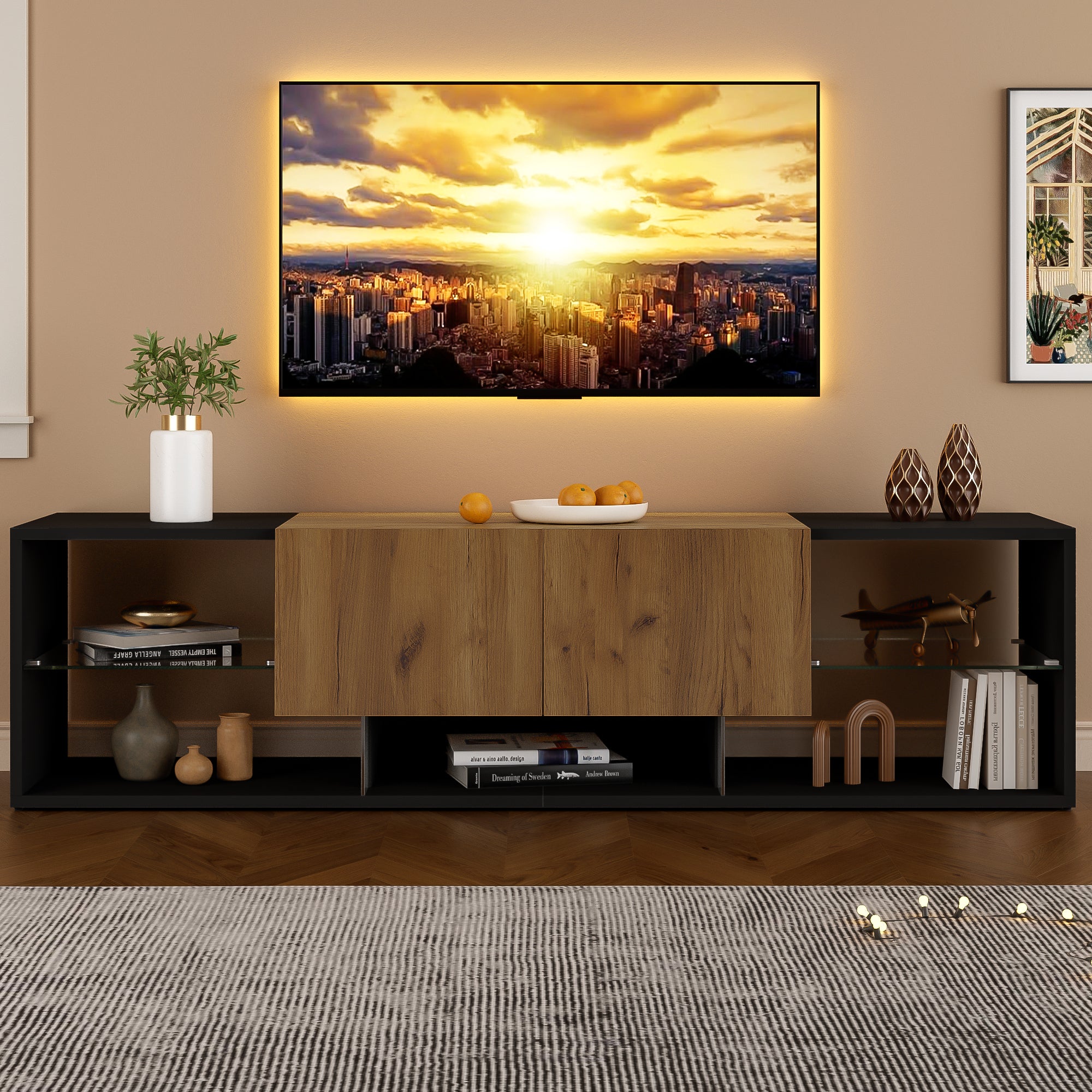 Meble pod TV 160x40x42 cm - z 2 szufladami - Szklane półki - z oświetleniem LED - Płyty wiórowe - Czarny - 5