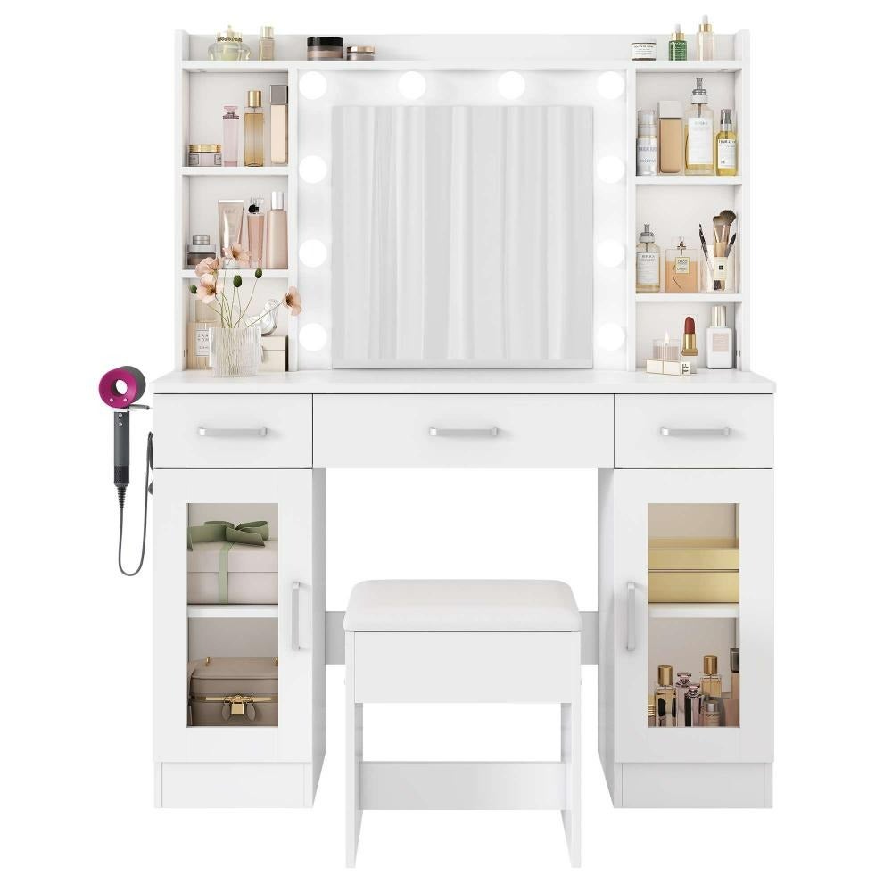 Coiffeuse blanche 110×40×145 cm avec miroir LED 10 lumières, hocker et support sèche-cheveux inclus - 9