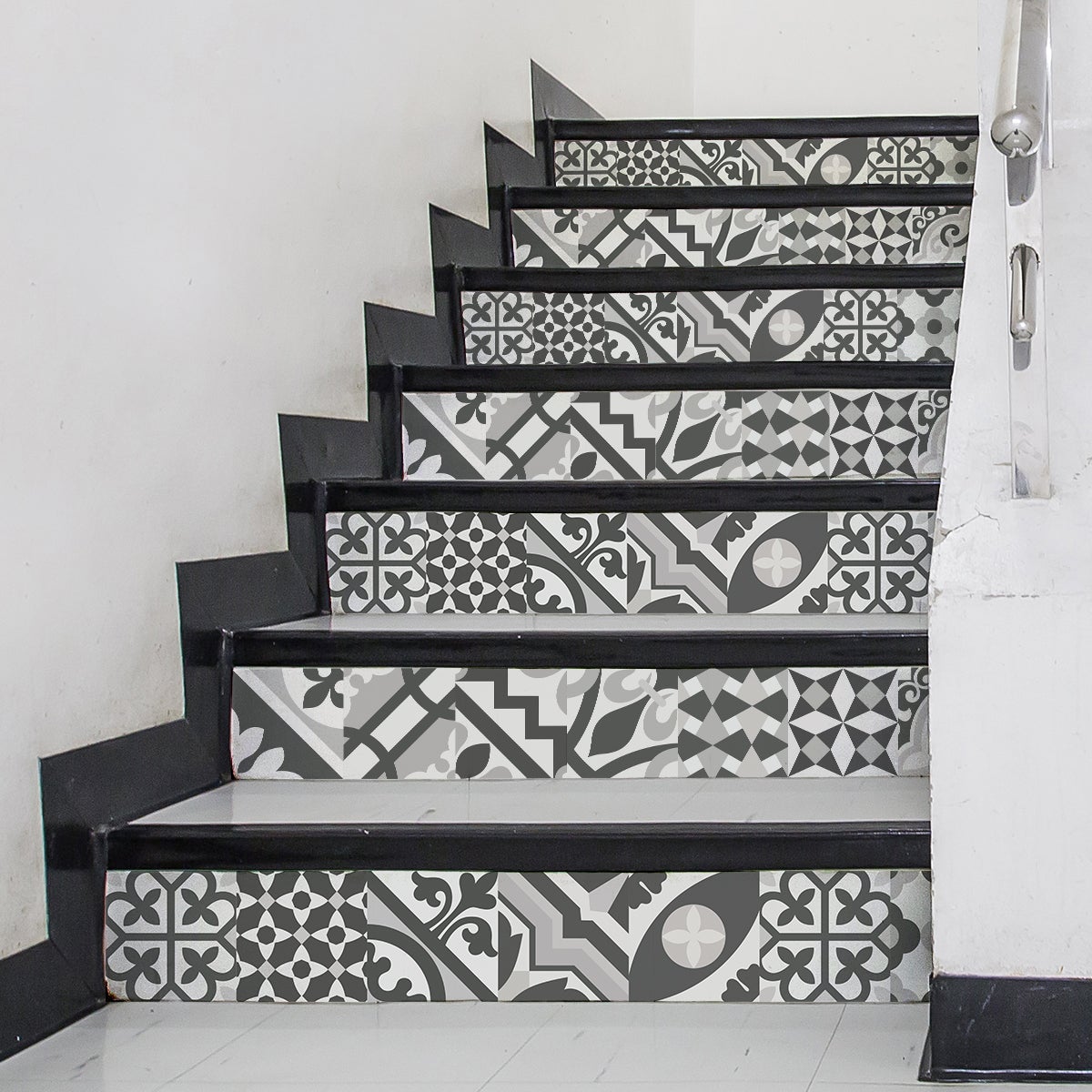 Stickers Escalier Carreaux De Ciment - Autocollants Contremarche 15x105 Cm - Déco Azulejos - Lot 2 Bandes