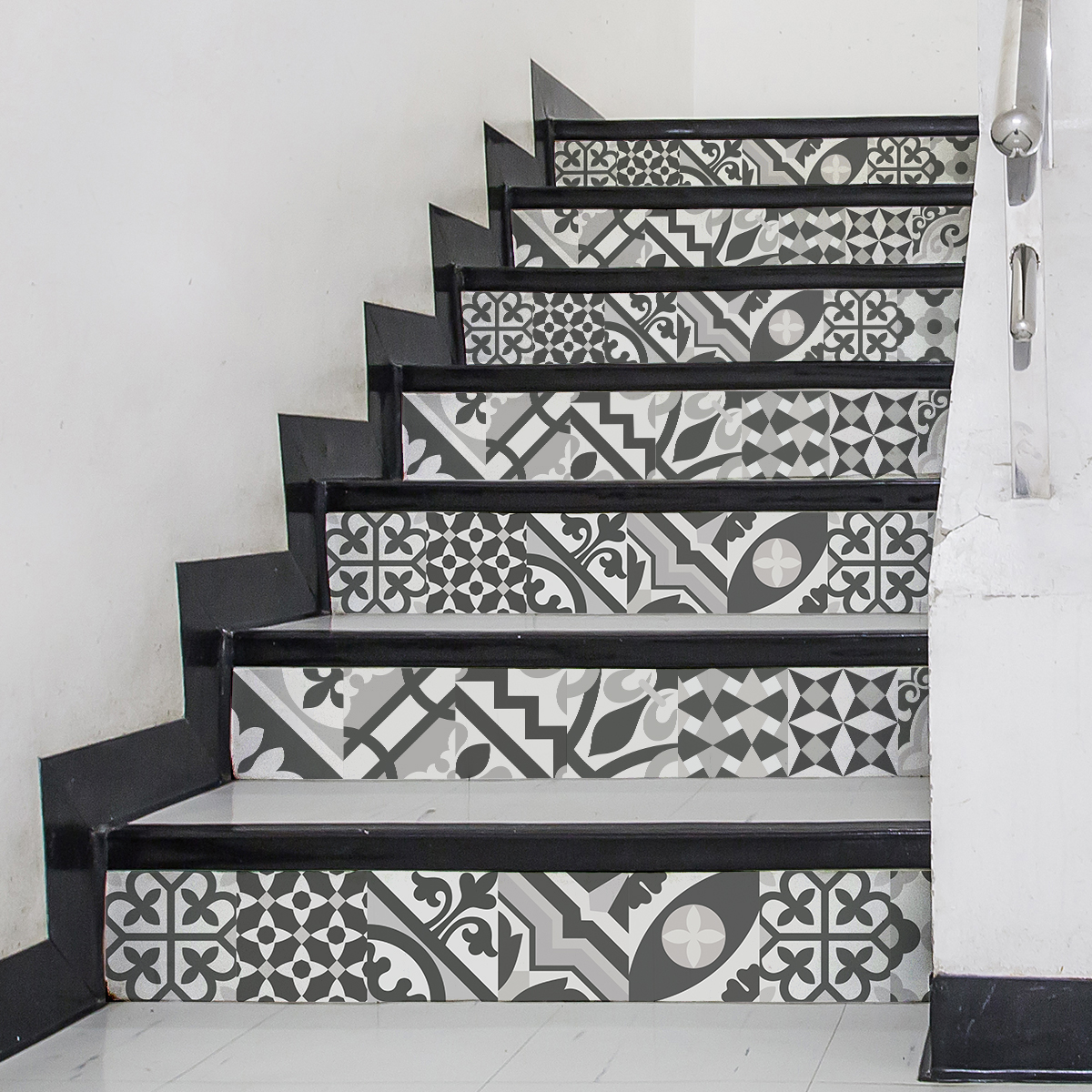 Vinilo escalera baldosas de cemento fleuria x 2 - adhesivo de pared - revestimiento sticker mural decorativo - 2tirasde15cmx105cm