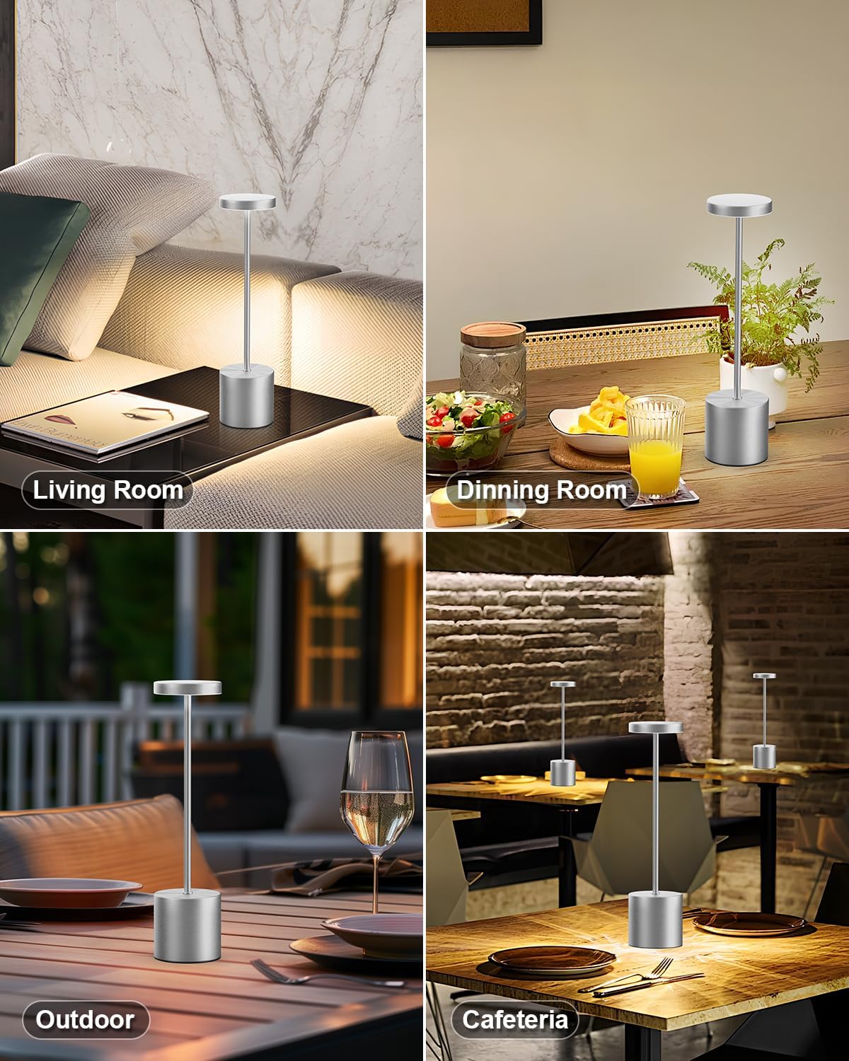 Zestaw 2 bezprzewodowych lamp stołowych LED z akumulatorem 1200 mAh, w kolorze srebrnym, z 3 regulowanymi poziomami kolorów do czytania/restauracji - 5
