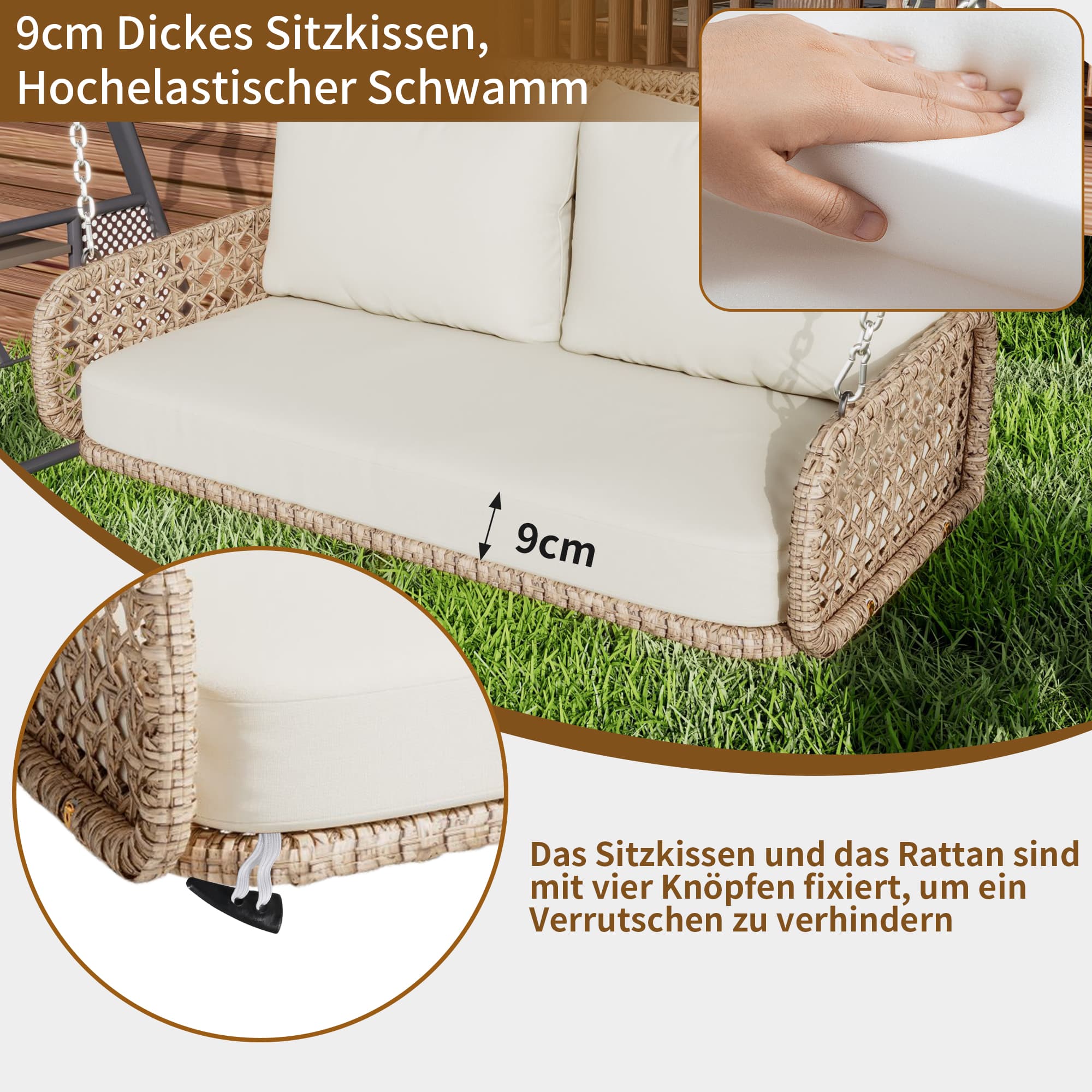 Balançoire en rotin PE deux places, coussins amovibles et lavables, 2 chaînes 240 cm, capacité 320 kg, sans cadre, pour jardin extérieur, beige - 4
