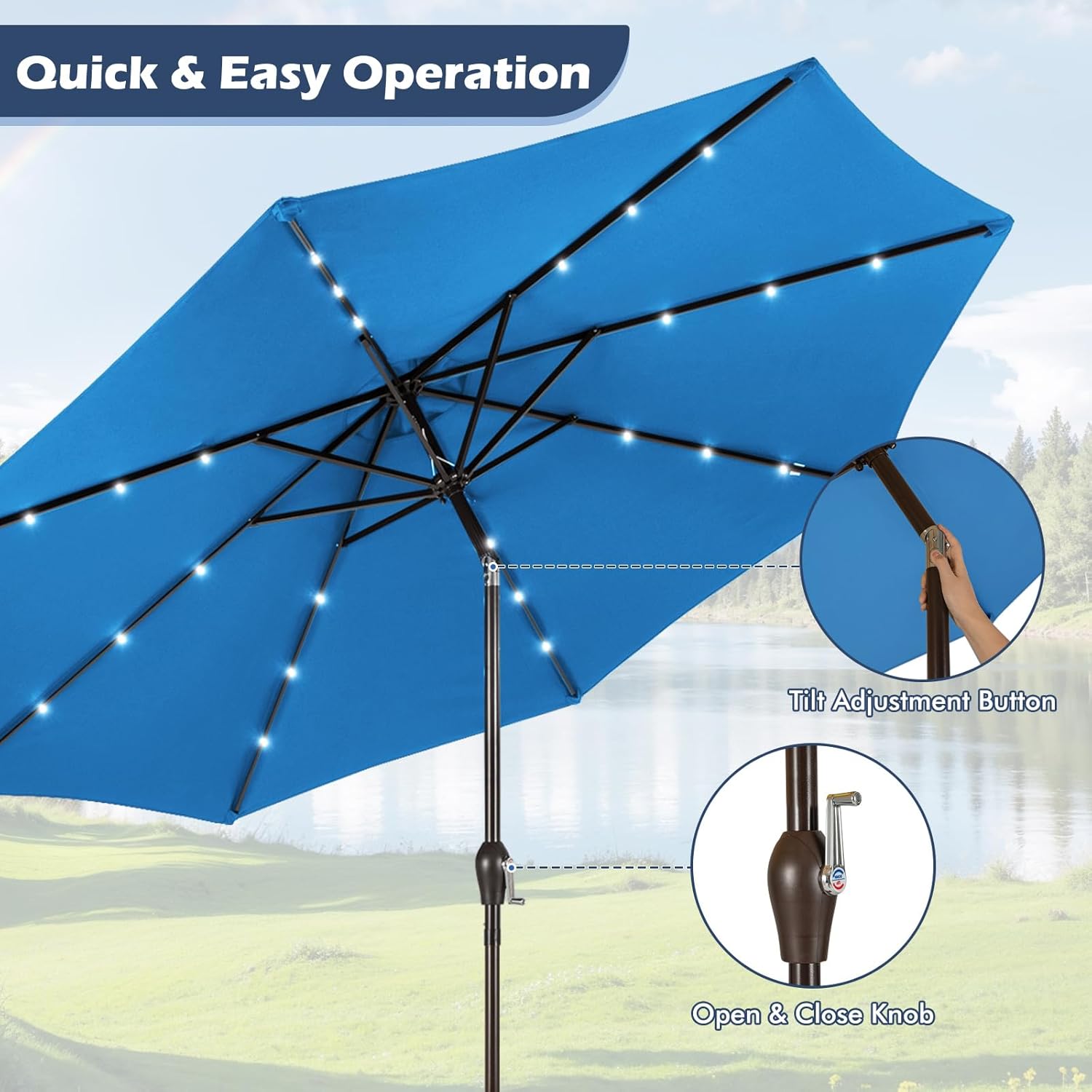 Ombrellone Da Giardino Ø300cm Con Luci LED Solari - Inclinabile Per Patio E Spiaggia