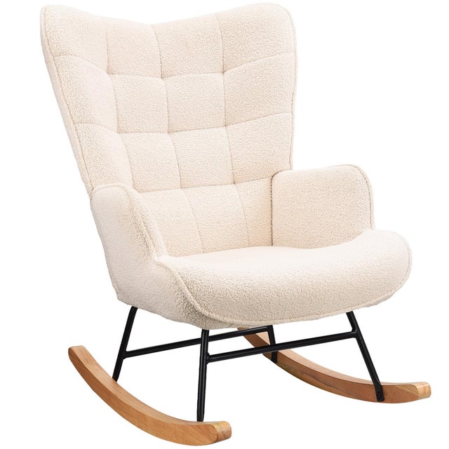 Fauteuil à Bascule, d'allaitement, de Salon, avec Structure en métal et Base en Bois, maximale : 150 kg, Tissu en Peluche, Beige, 75 x 68 x 92 cm