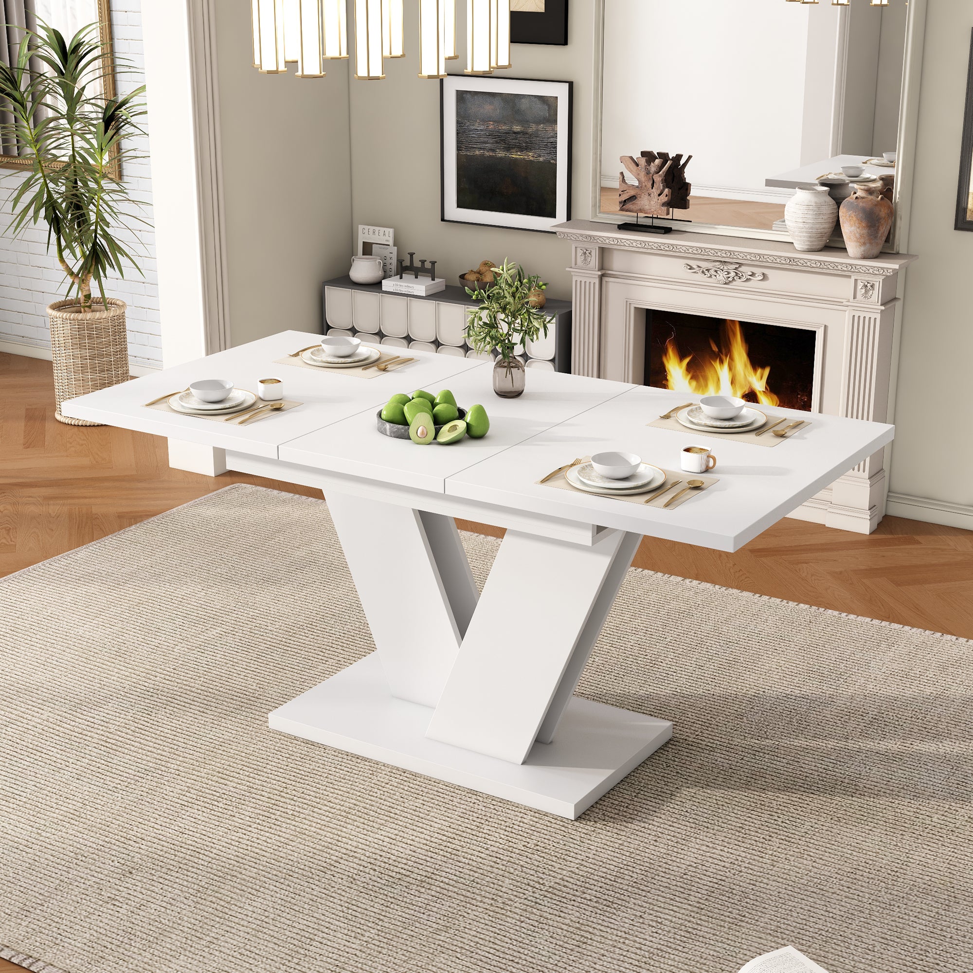 Rozkładany stół jadalny dla 4-6 osób - 120/160 x 80 x 75,5 cm - Płyta MDF - Nogi w kształcie litery V - Kolor biały