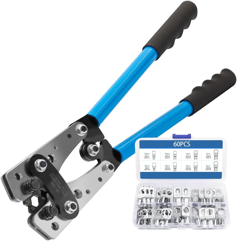 Zaciskarka do kabli z 60 sztukami końcówek – Narzędzie do zaciskania 3-w-1 do kabli akumulatorowych, 6-50mm², Praktyczne i Trwałe