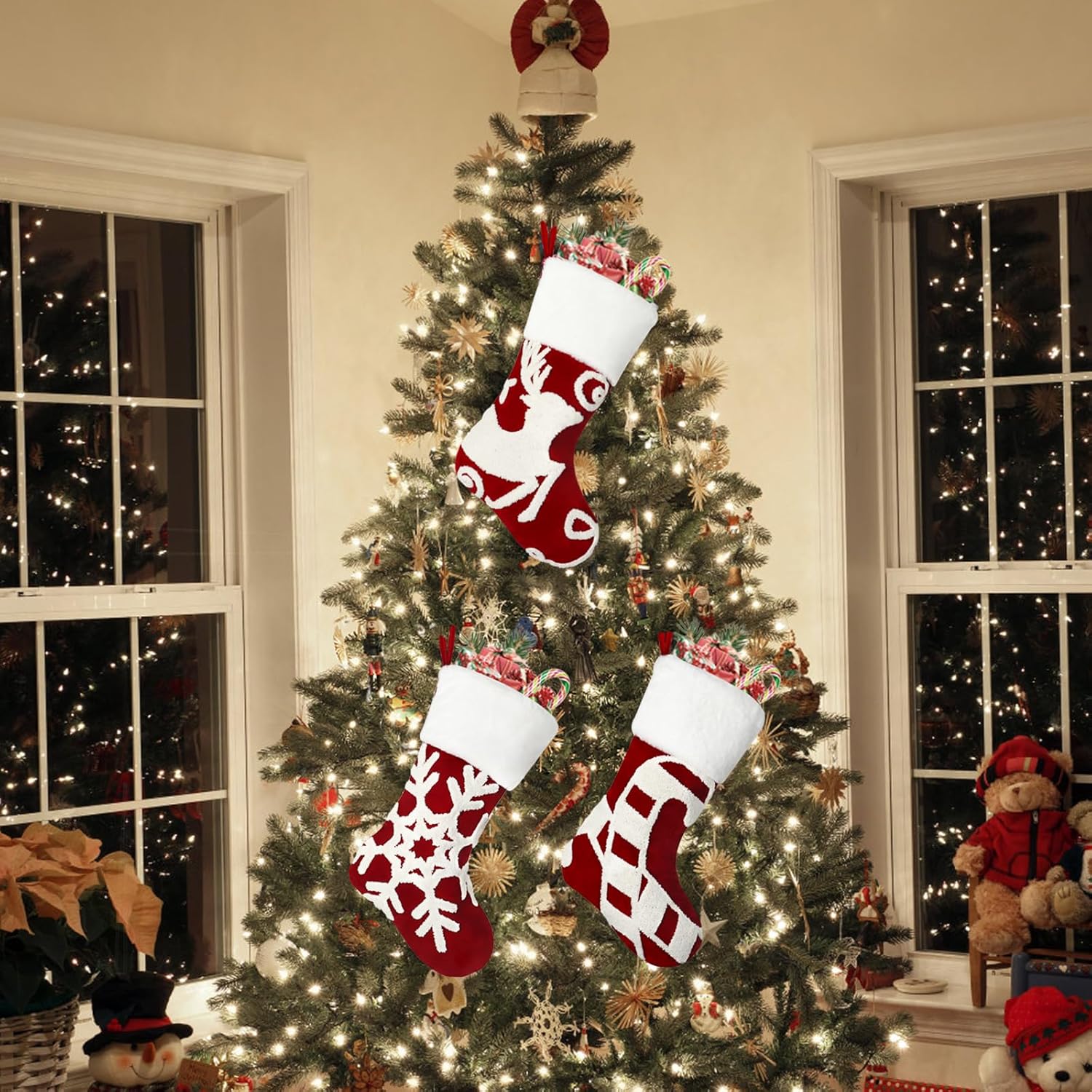 Lot de 3 Bas de Noël 44cm a Suspendre Sac Cadeau Chaussettes Bottes de Noël 3D Brodé Chaussette de Noel Décorations de Cheminée - 5