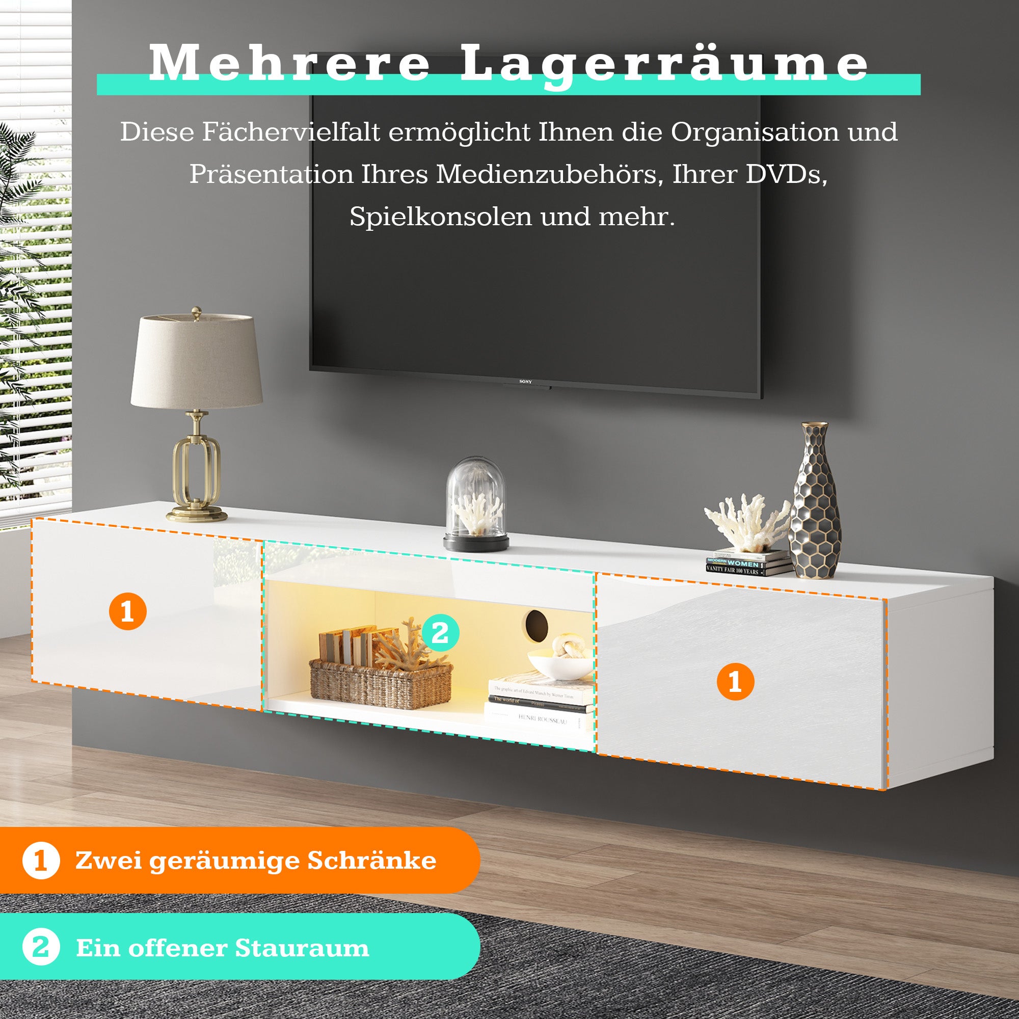 Meuble TV suspendu avec 2 portes et compartiment ouvert - 160 x 31 x 22 cm - LEDs - Panneau de particules - Blanc brillant - 8
