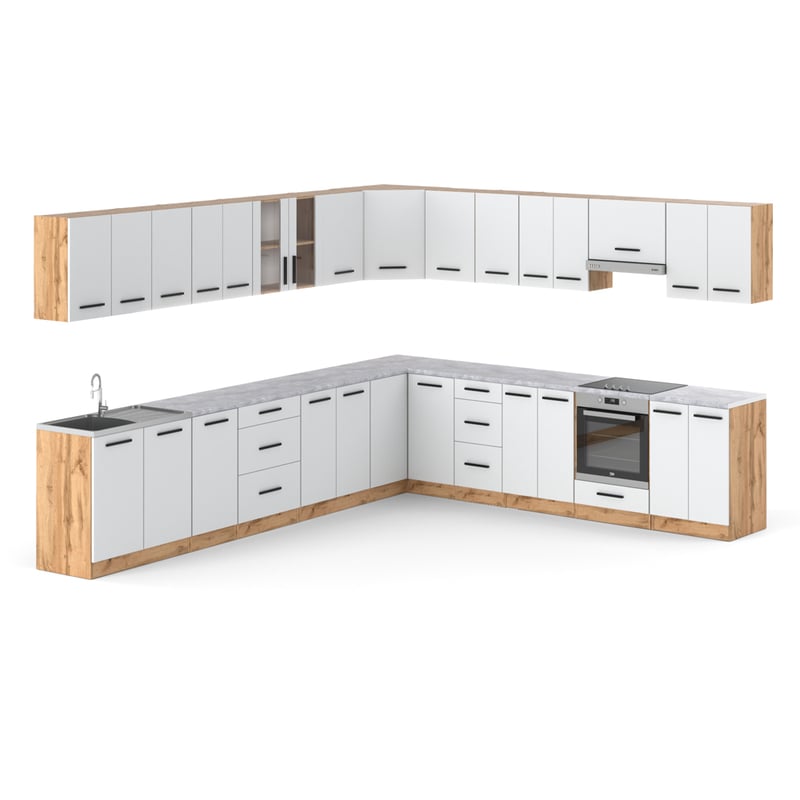 Meble kuchenne nowoczesne narożne kuchnia rossa 6.8m dąb wotan biały mat