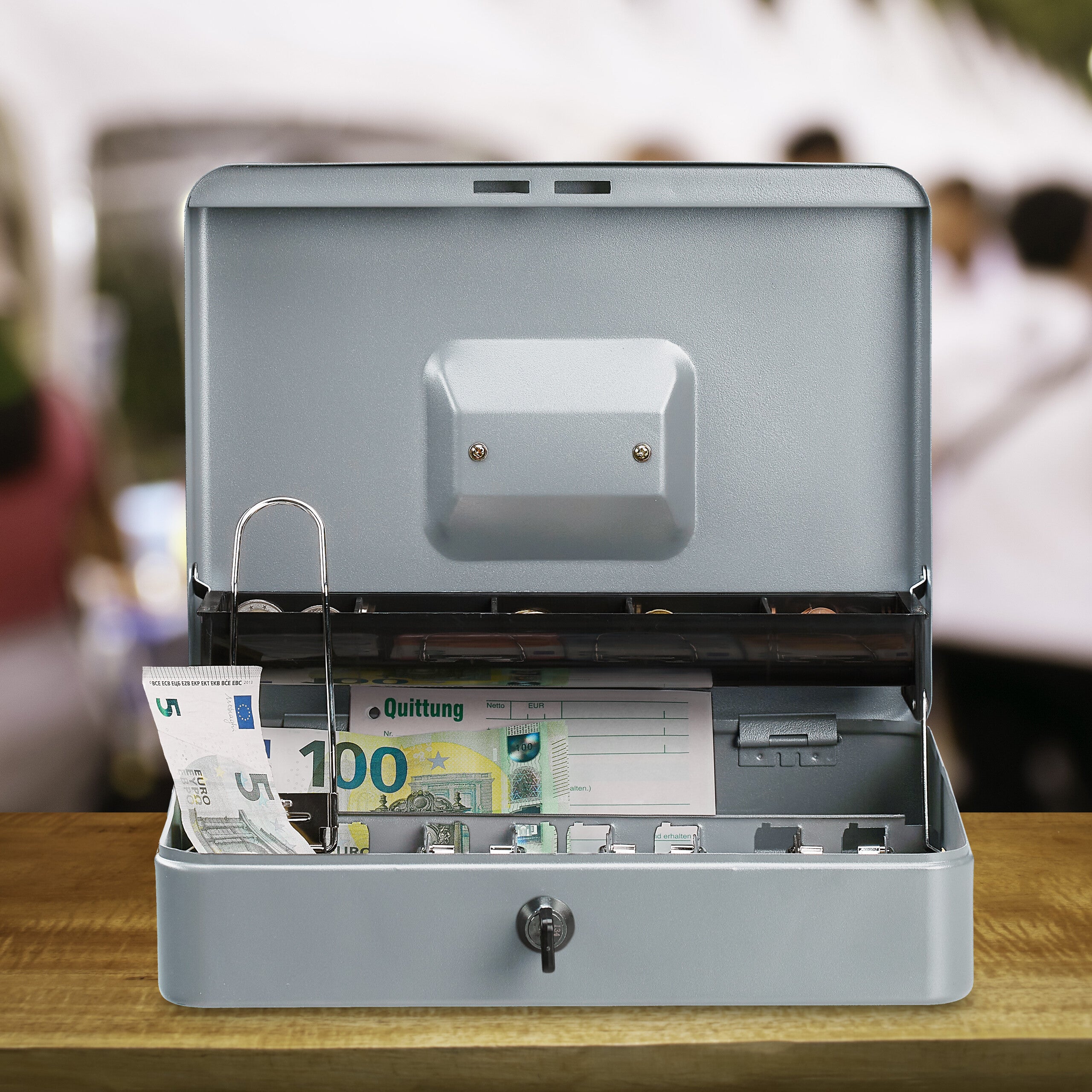 Relaxdays Caisse à monnaie, verrouillable, compartiments pour pièces et billets, fer, HLP 8,5 x 30,5 x 24,5 cm, argent - 2