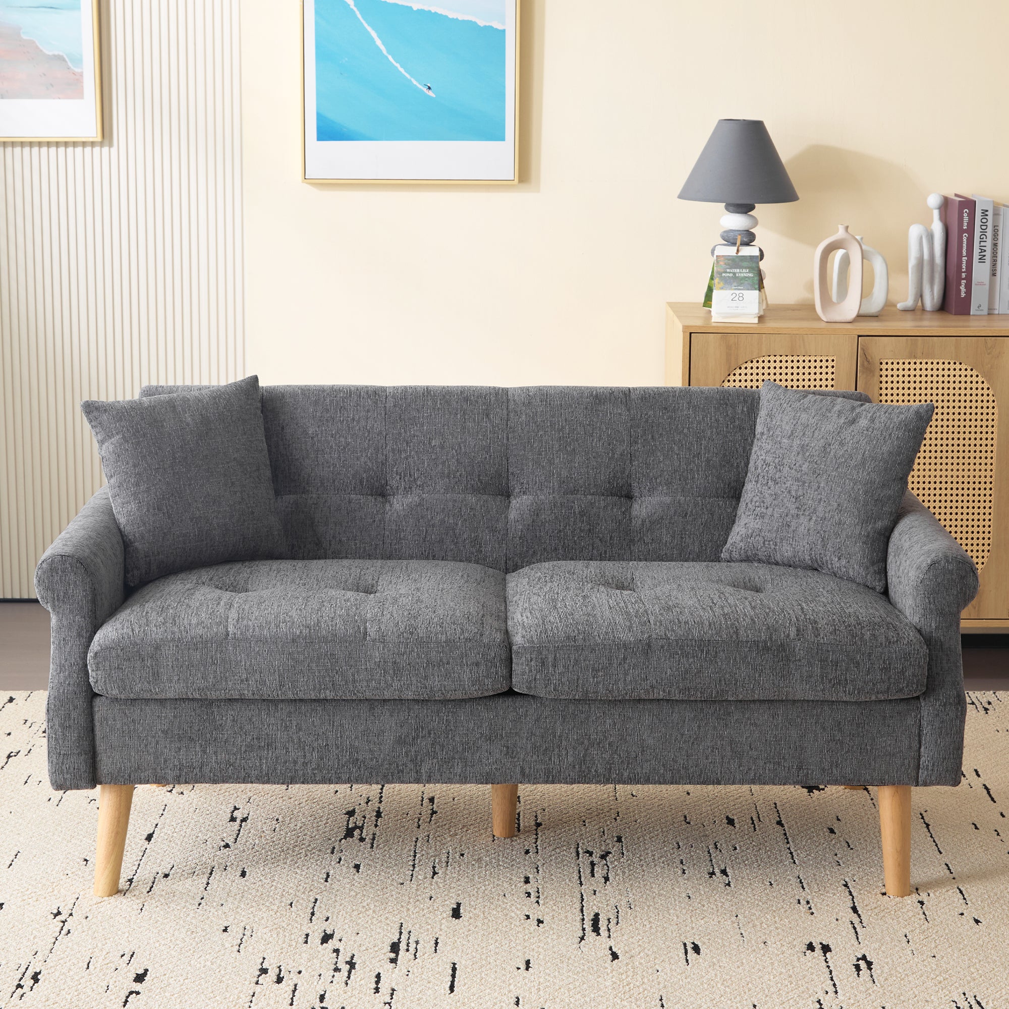 Sofa dwuosobowa z tkaniny szenilowej z grubymi poduszkami - 162 x 74 x 77 cm - do salonu, sypialni - jasnoszara