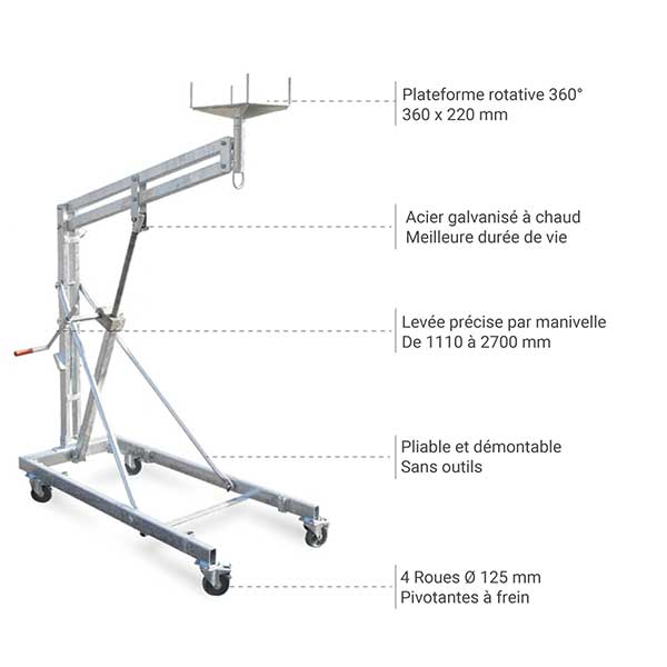 Lève poutre manuel - Levée max 2700mm - Charge max 600kg - Levée par crémaillère - Charpente, menuiserie, maçonnerie, métallurgie - 12373 - 3