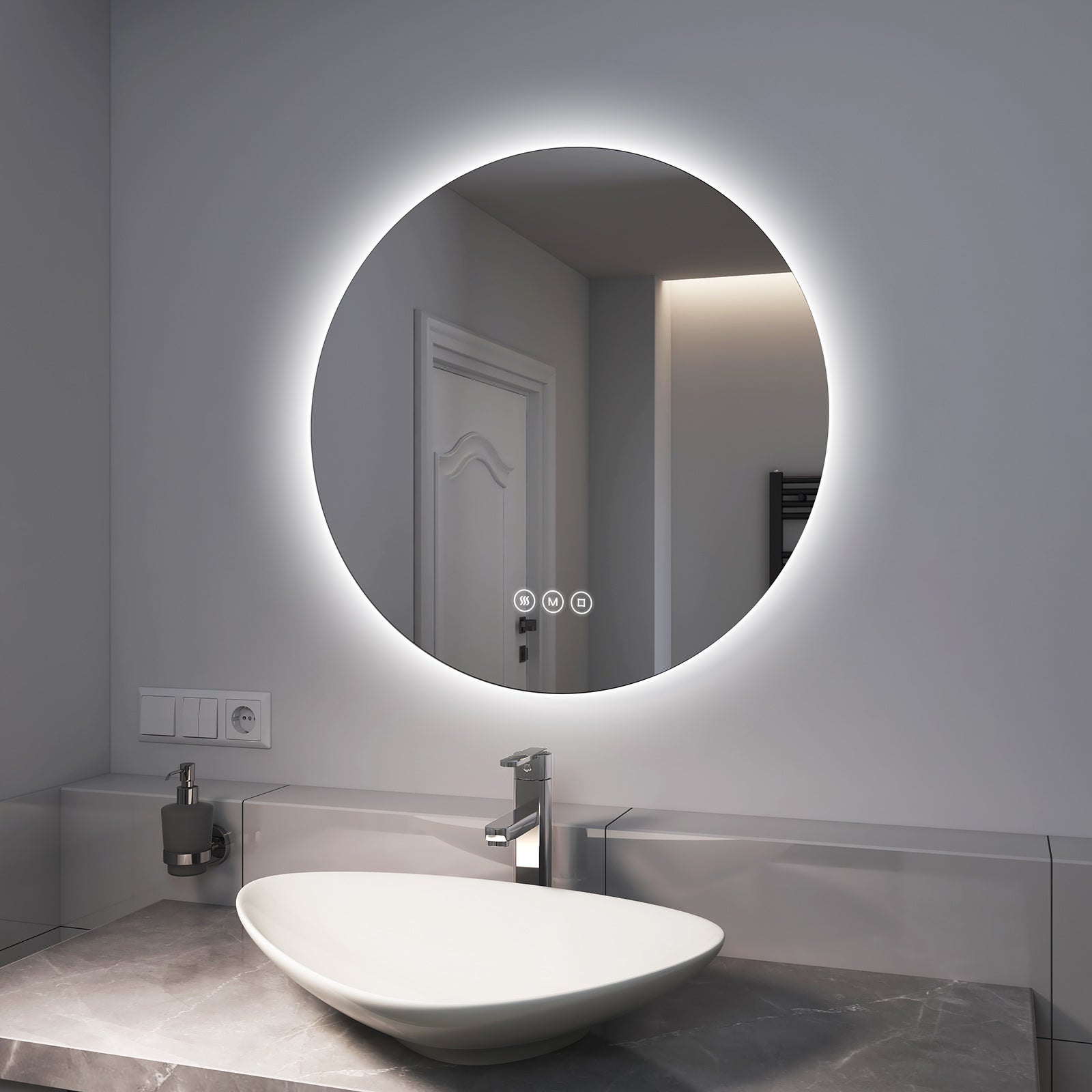 EMKE Okrągłe Lustro łazienkowe z oświetleniem LED 70 cm, z 3 barwy światła, możliwość ściemniania, przeciwmgielne, funkcja pamięci, IP44
