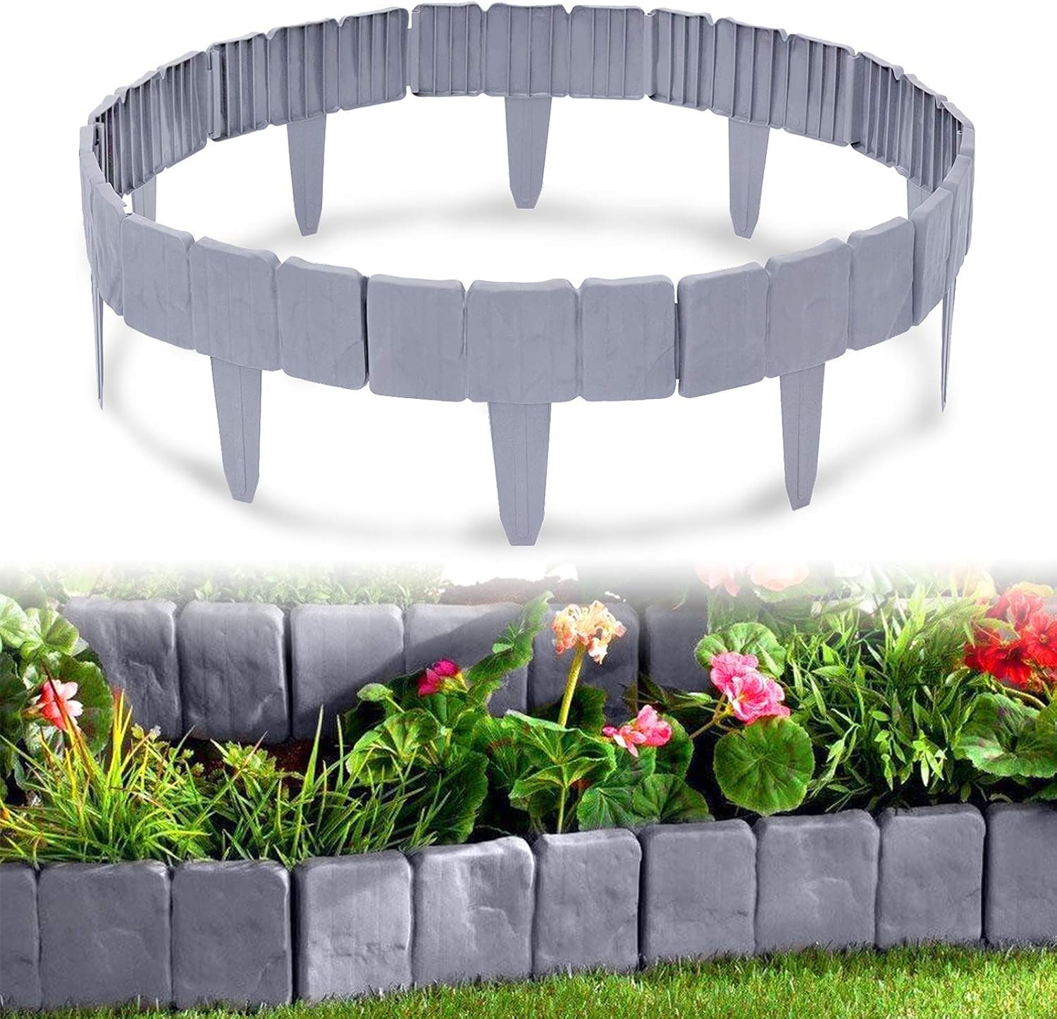 Szara plastikowa obrzeże trawnikowe 2,5 m, polipropylenowe, wygląd kamienia, obrzeże ogrodowe, obrzeże do koszenia, obrzeże rabatowe, palisada dekorac